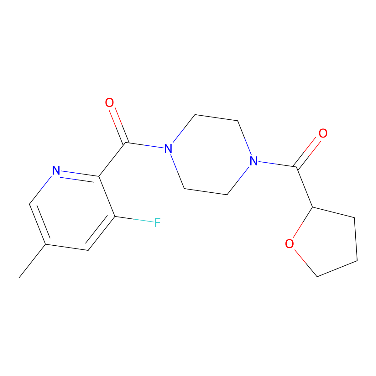 1-(3-Fluoro-5-methylpyridine-2-carbonyl)-4-(oxolane-2-carbonyl)piperazine molecular structure, CAS 2415572-34-6