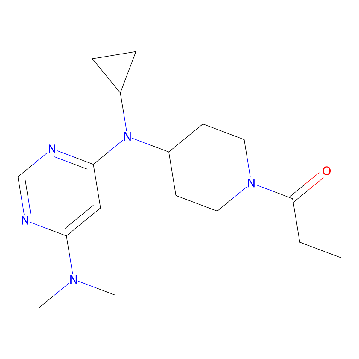 1-(4-{Cyclopropyl[6-(dimethylamino)pyrimidin-4-yl]amino}piperidin-1-yl)propan-1-one molecular structure, CAS 2415572-53-9