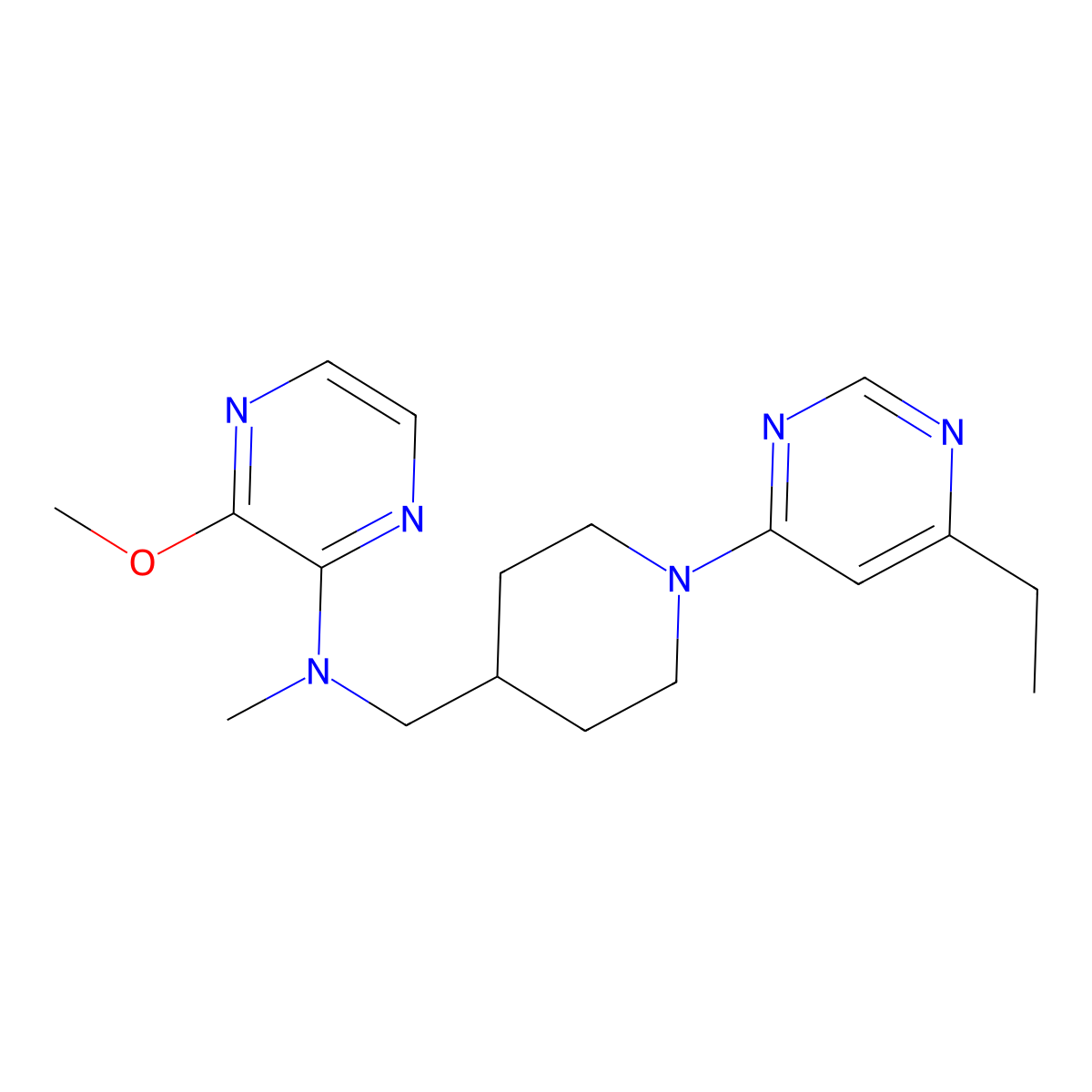 N-{[1-(6-ethylpyrimidin-4-yl)piperidin-4-yl]methyl}-3-methoxy-N-methylpyrazin-2-amine molecular structure, CAS 2415572-77-7