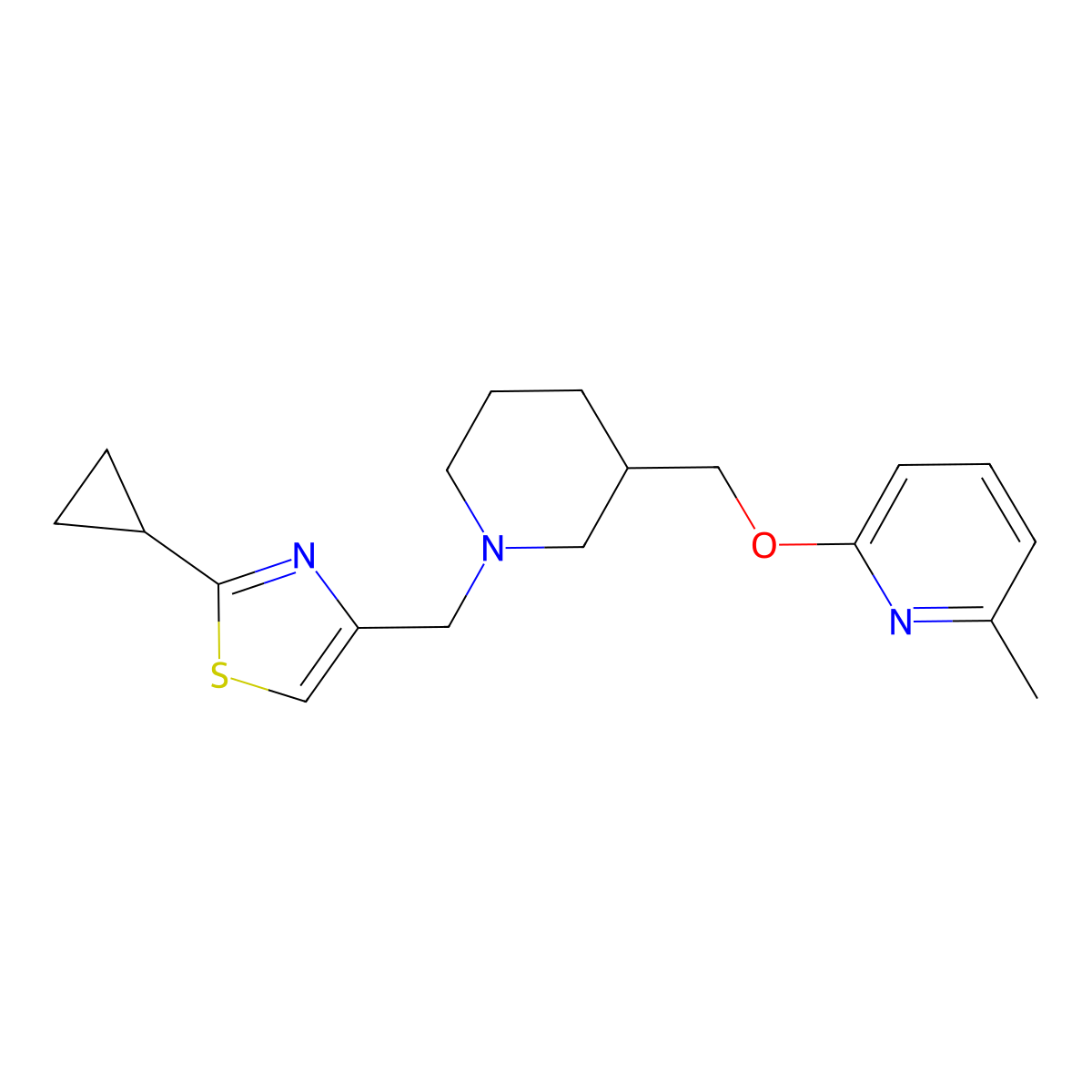 2-({1-[(2-Cyclopropyl-1,3-thiazol-4-yl)methyl]piperidin-3-yl}methoxy)-6-methylpyridine molecular structure, CAS 2415572-95-9