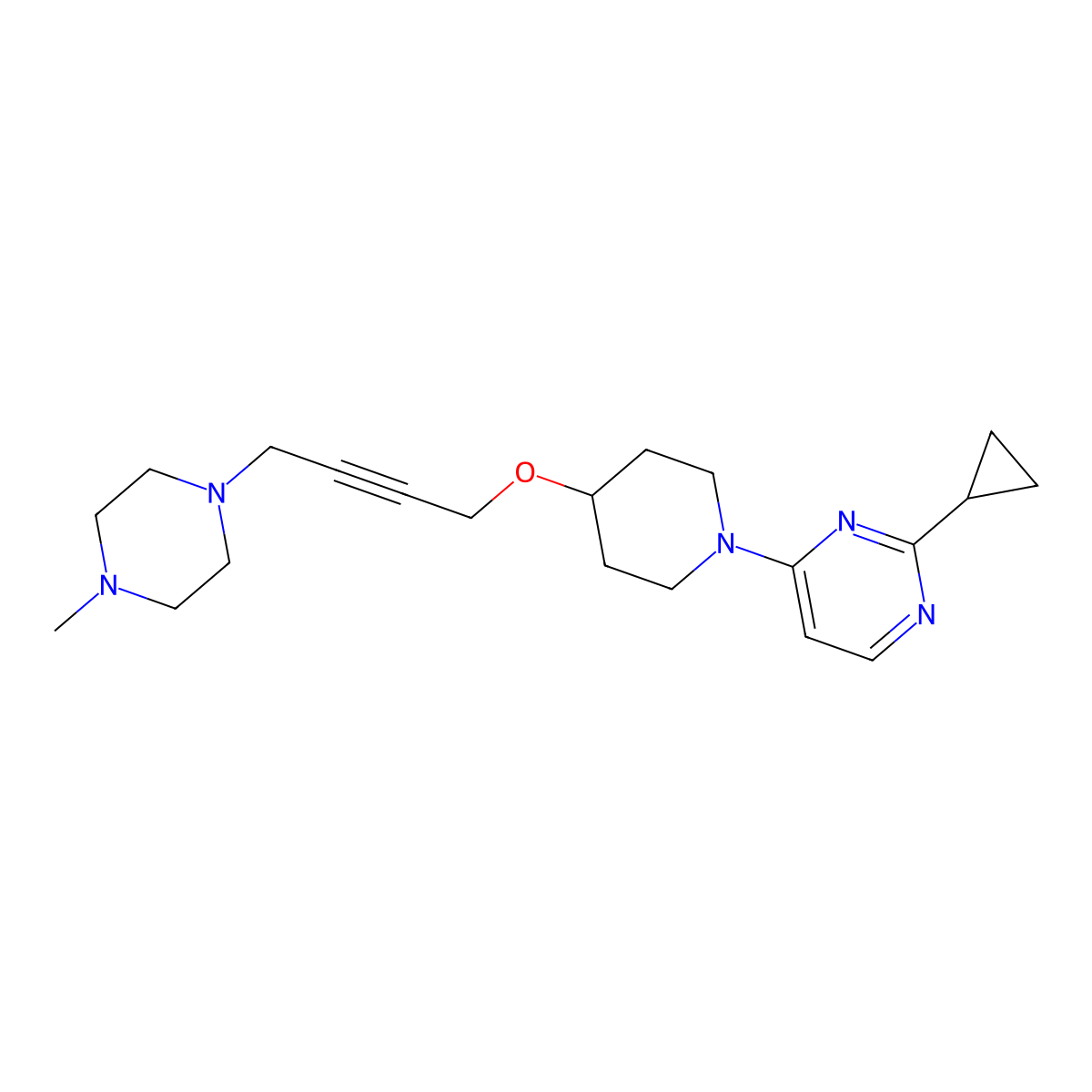2-Cyclopropyl-4-(4-{[4-(4-methylpiperazin-1-yl)but-2-yn-1-yl]oxy}piperidin-1-yl)pyrimidine molecular structure, CAS 2415573-02-1
