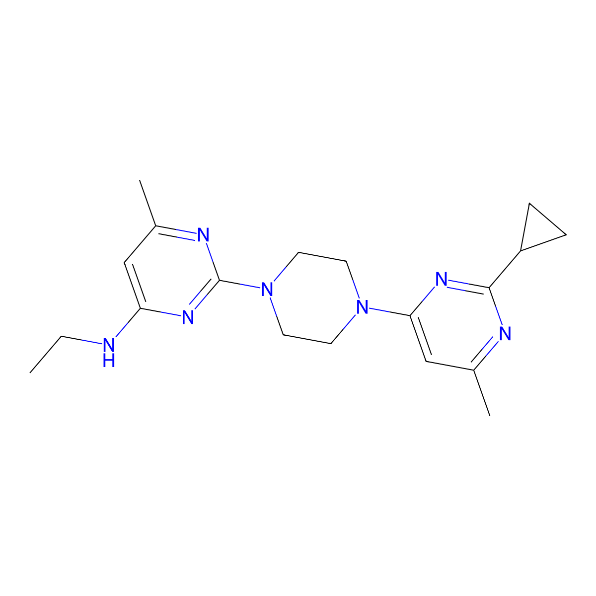 2-[4-(2-Cyclopropyl-6-methylpyrimidin-4-yl)piperazin-1-yl]-N-ethyl-6-methylpyrimidin-4-amine molecular structure, CAS 2415573-21-4