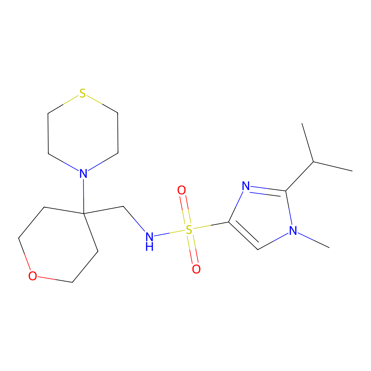 1-methyl-2-(propan-2-yl)-N-{[4-(thiomorpholin-4-yl)oxan-4-yl]methyl}-1H-imidazole-4-sulfonamide molecular structure, CAS 2415573-42-9