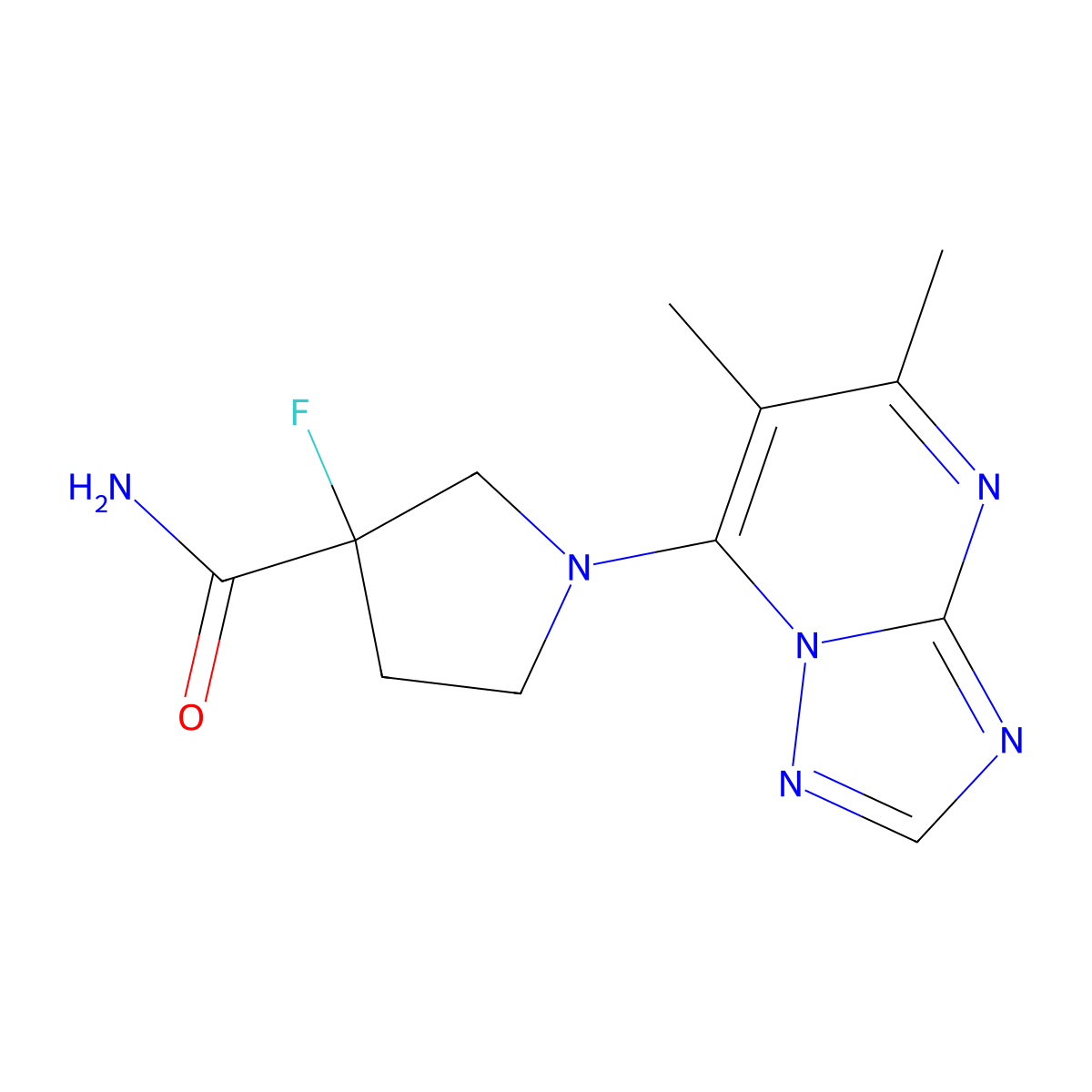 1-{5,6-Dimethyl-[1,2,4]triazolo[1,5-a]pyrimidin-7-yl}-3-fluoropyrrolidine-3-carboxamide molecular structure, CAS 2415573-43-0