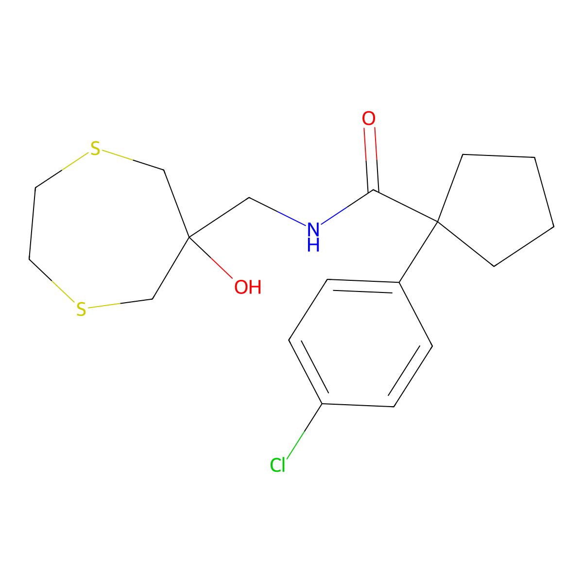 1-(4-Chlorophenyl)-N-[(6-hydroxy-1,4-dithiepan-6-yl)methyl]cyclopentane-1-carboxamide molecular structure, CAS 2415573-59-8