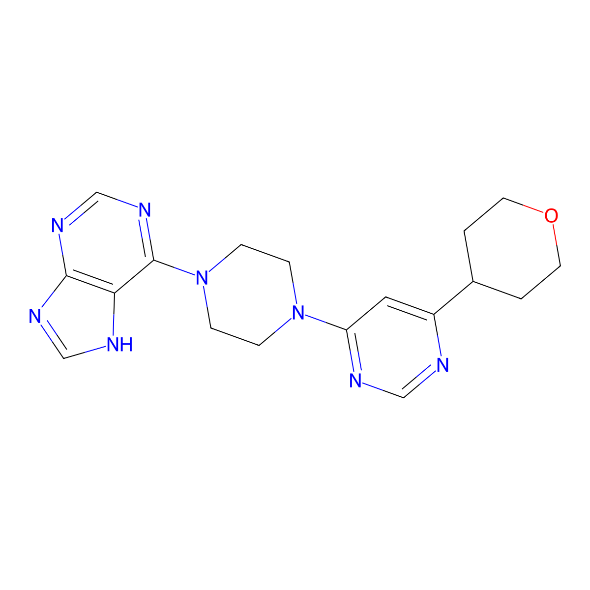 6-{4-[6-(oxan-4-yl)pyrimidin-4-yl]piperazin-1-yl}-9H-purine molecular structure, CAS 2415573-67-8