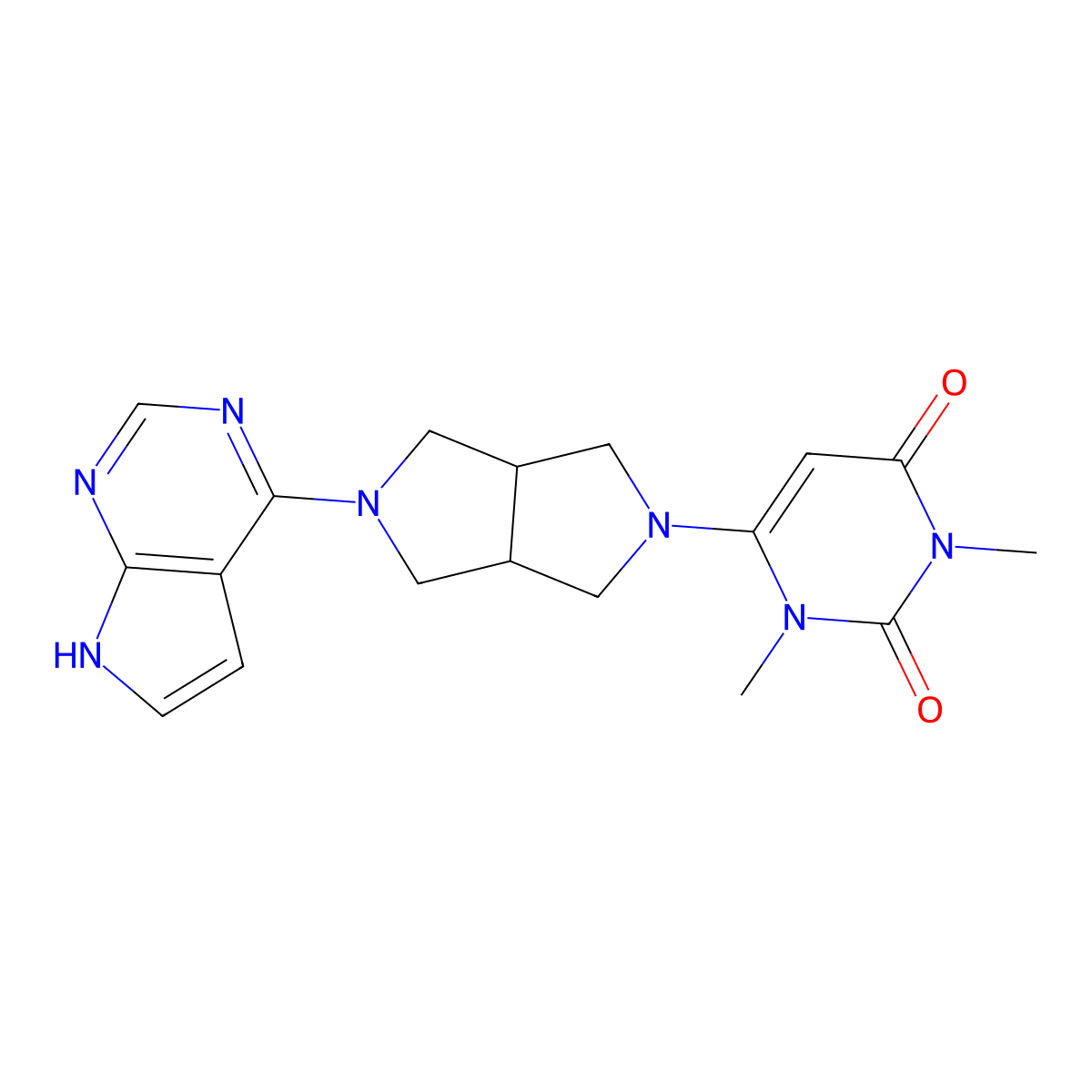 1,3-dimethyl-6-(5-{7H-pyrrolo[2,3-d]pyrimidin-4-yl}-octahydropyrrolo[3,4-c]pyrrol-2-yl)-1,2,3,4-tetrahydropyrimidine-2,4-dione molecular structure, CAS 2415573-80-5