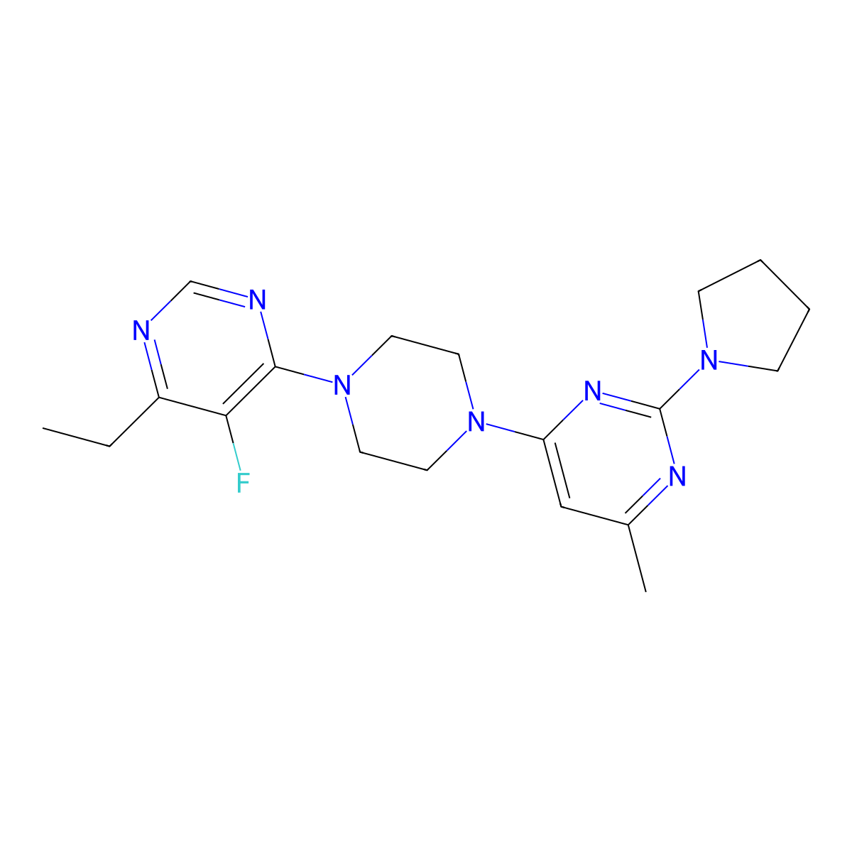 4-[4-(6-Ethyl-5-fluoropyrimidin-4-yl)piperazin-1-yl]-6-methyl-2-(pyrrolidin-1-yl)pyrimidine molecular structure, CAS 2415573-88-3