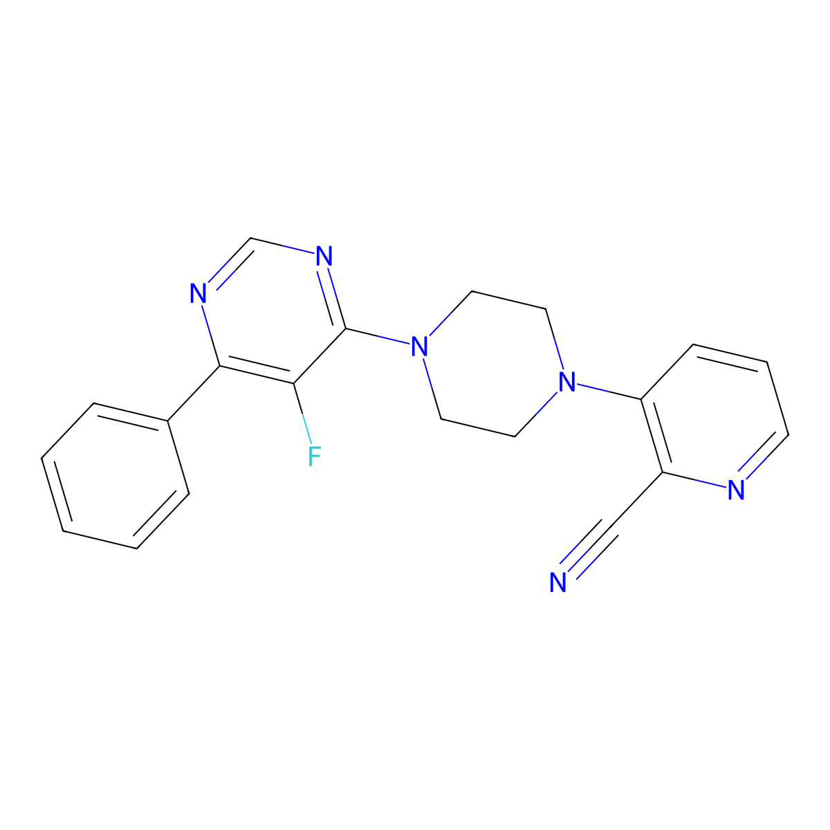 3-[4-(5-Fluoro-6-phenylpyrimidin-4-yl)piperazin-1-yl]pyridine-2-carbonitrile molecular structure, CAS 2415574-14-8
