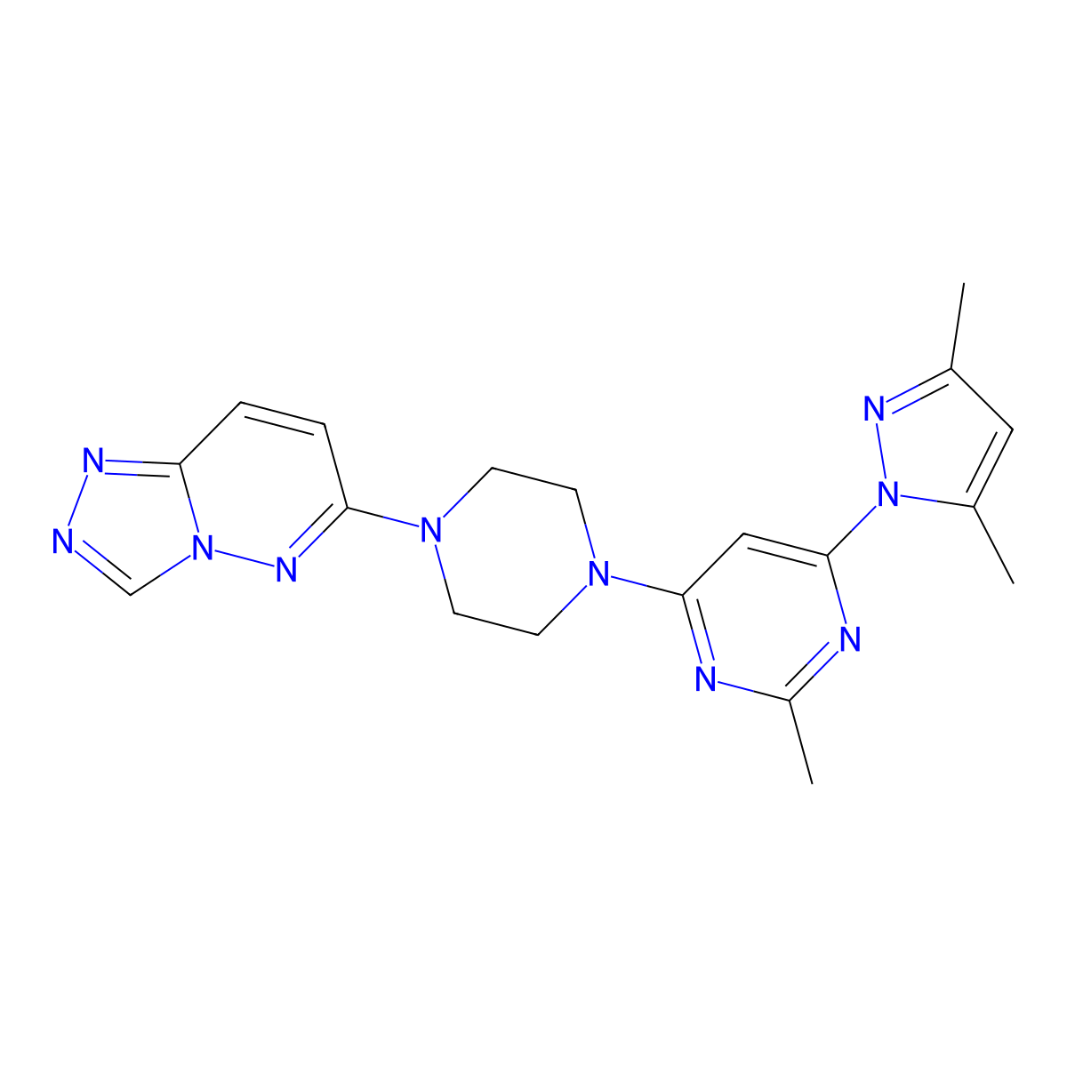 4-(3,5-dimethyl-1H-pyrazol-1-yl)-2-methyl-6-(4-{[1,2,4]triazolo[4,3-b]pyridazin-6-yl}piperazin-1-yl)pyrimidine molecular structure, CAS 2415574-19-3