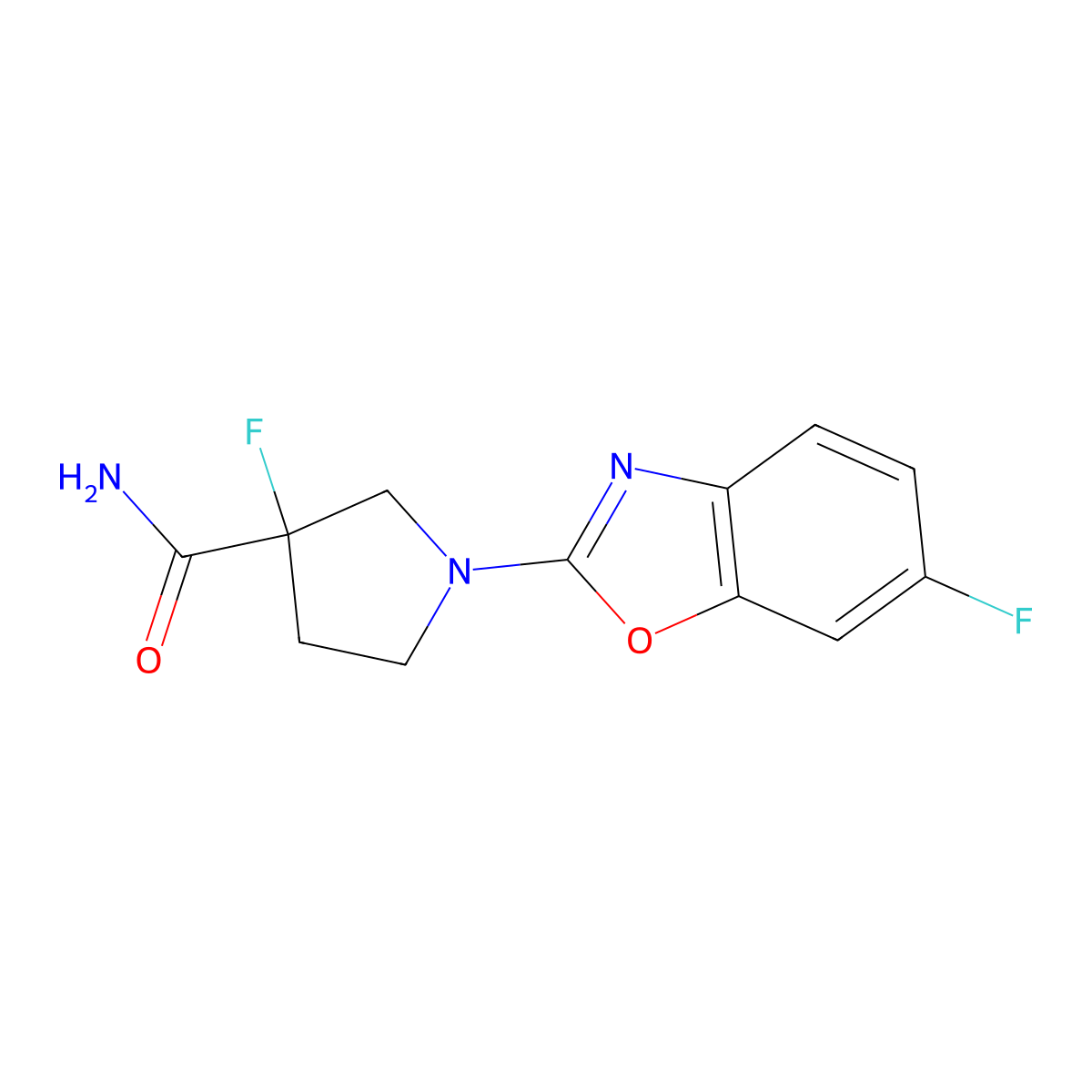 3-Fluoro-1-(6-fluoro-1,3-benzoxazol-2-yl)pyrrolidine-3-carboxamide molecular structure, CAS 2415582-24-8