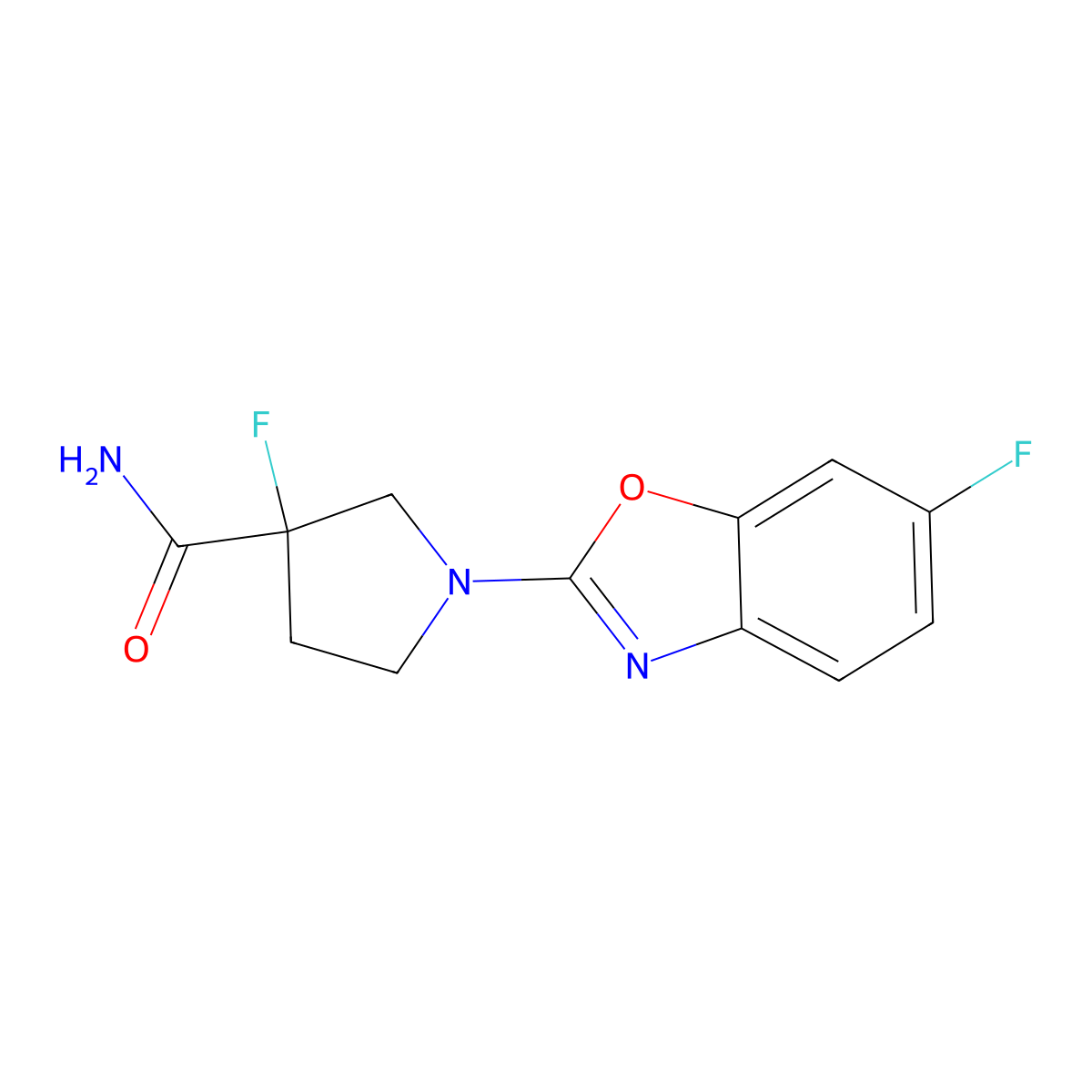 3-Fluoro-1-(6-fluoro-1,3-benzoxazol-2-yl)pyrrolidine-3-carboxamide molecular structure, CAS 2415582-24-8