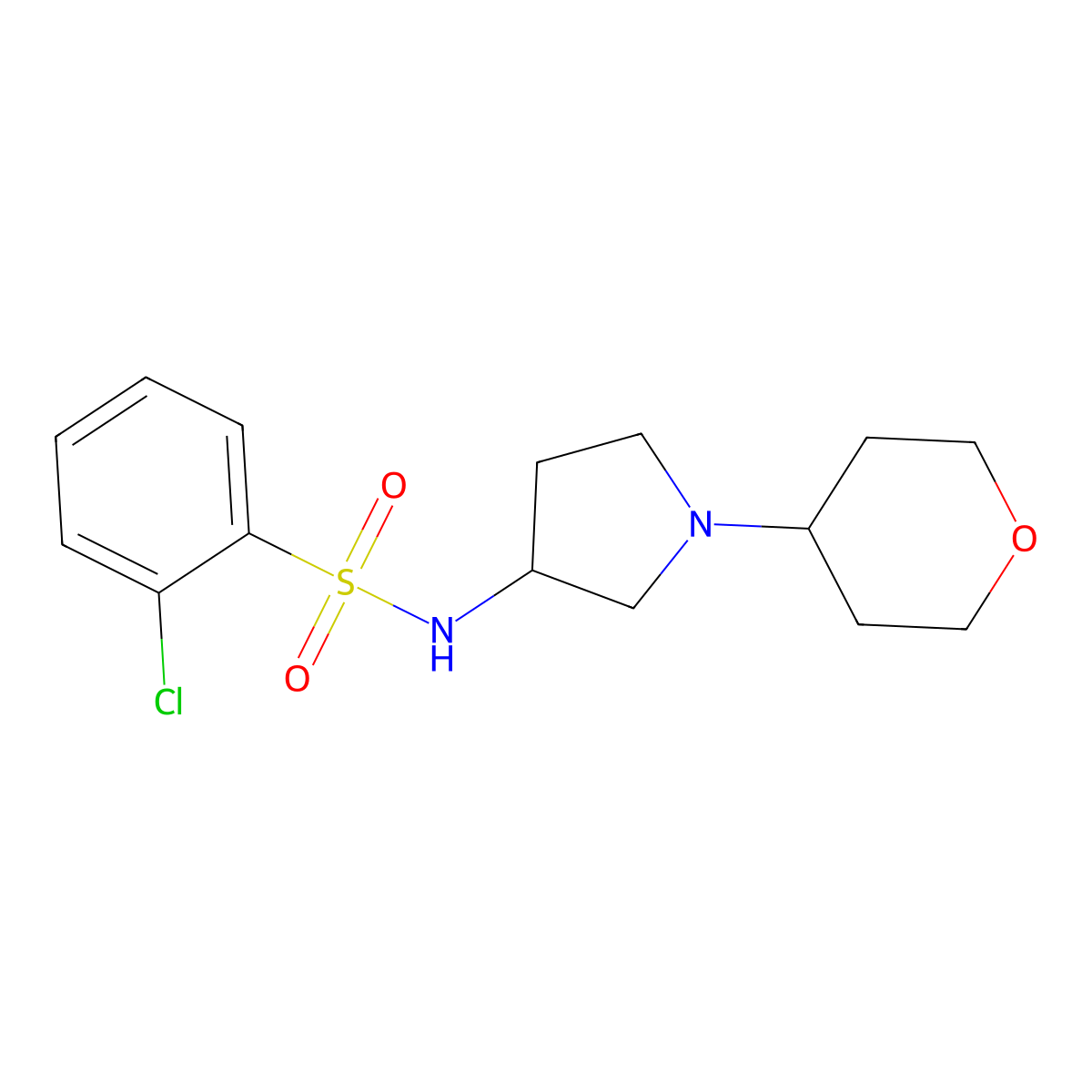 2-chloro-N-[1-(oxan-4-yl)pyrrolidin-3-yl]benzene-1-sulfonamide molecular structure, CAS 2415582-28-2