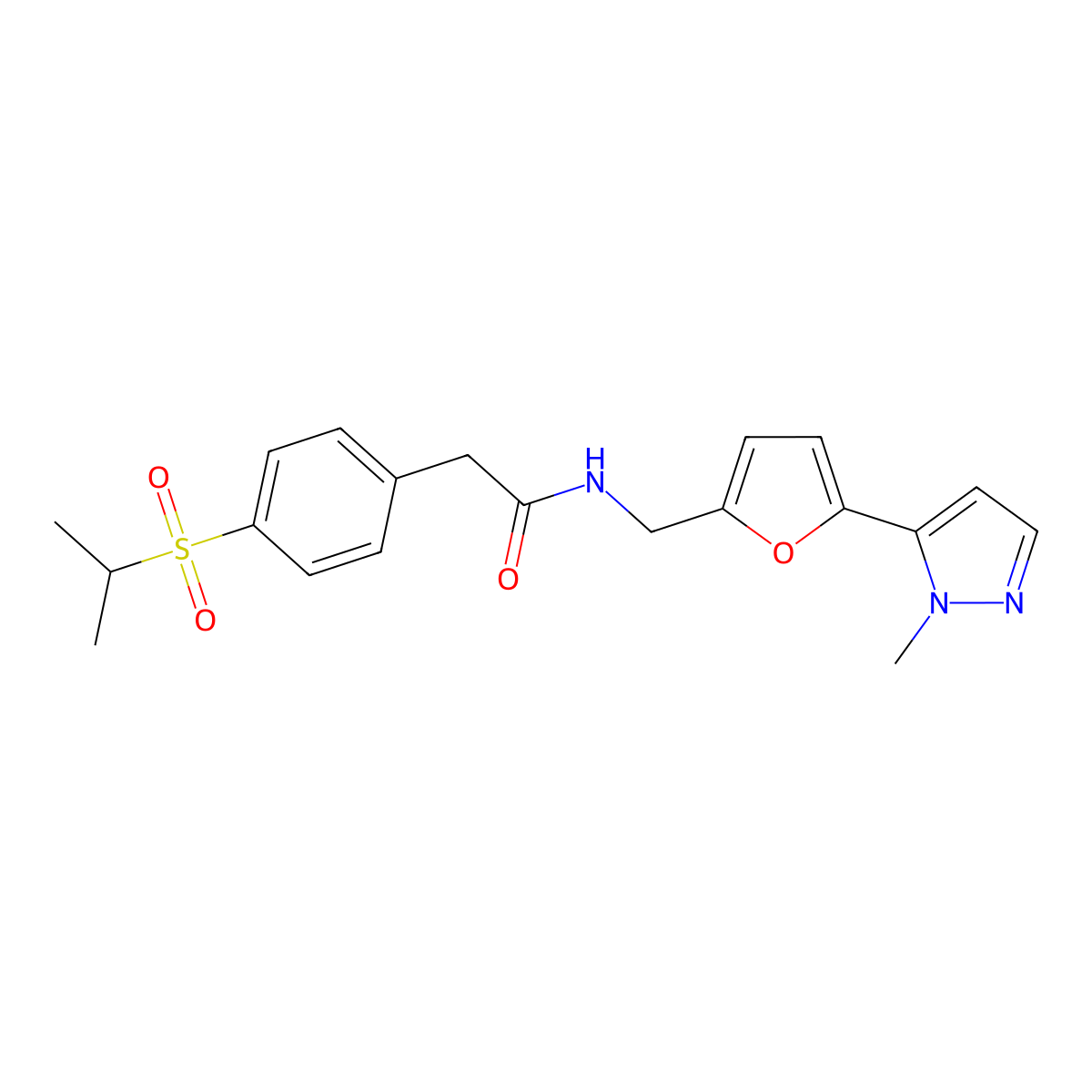 N-{[5-(1-methyl-1H-pyrazol-5-yl)furan-2-yl]methyl}-2-[4-(propane-2-sulfonyl)phenyl]acetamide molecular structure, CAS 2415582-33-9