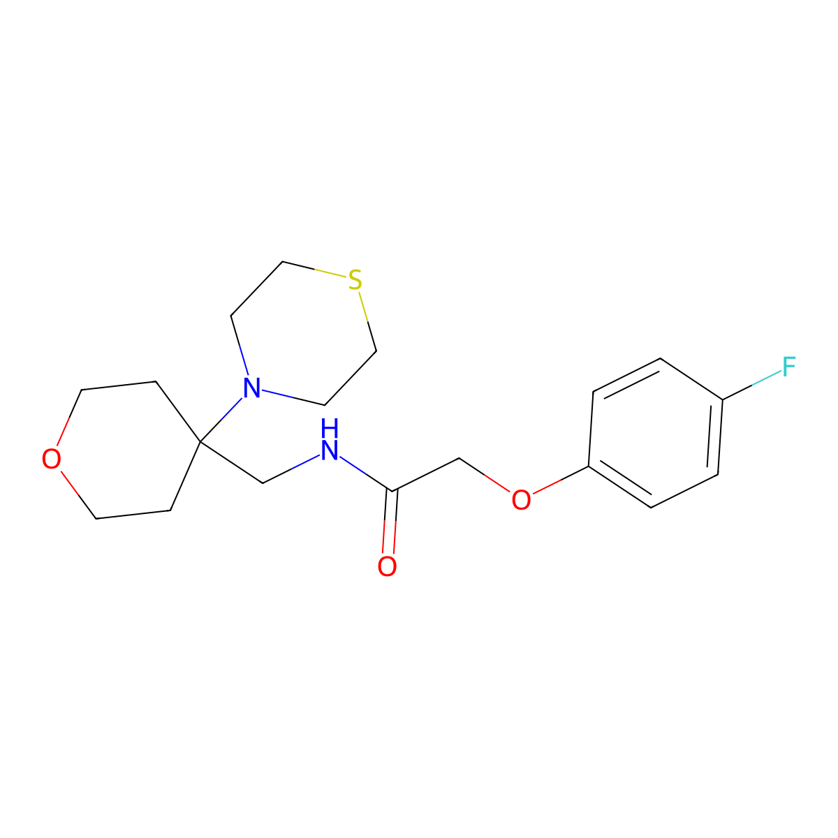 2-(4-fluorophenoxy)-N-{[4-(thiomorpholin-4-yl)oxan-4-yl]methyl}acetamide molecular structure, CAS 2415582-36-2