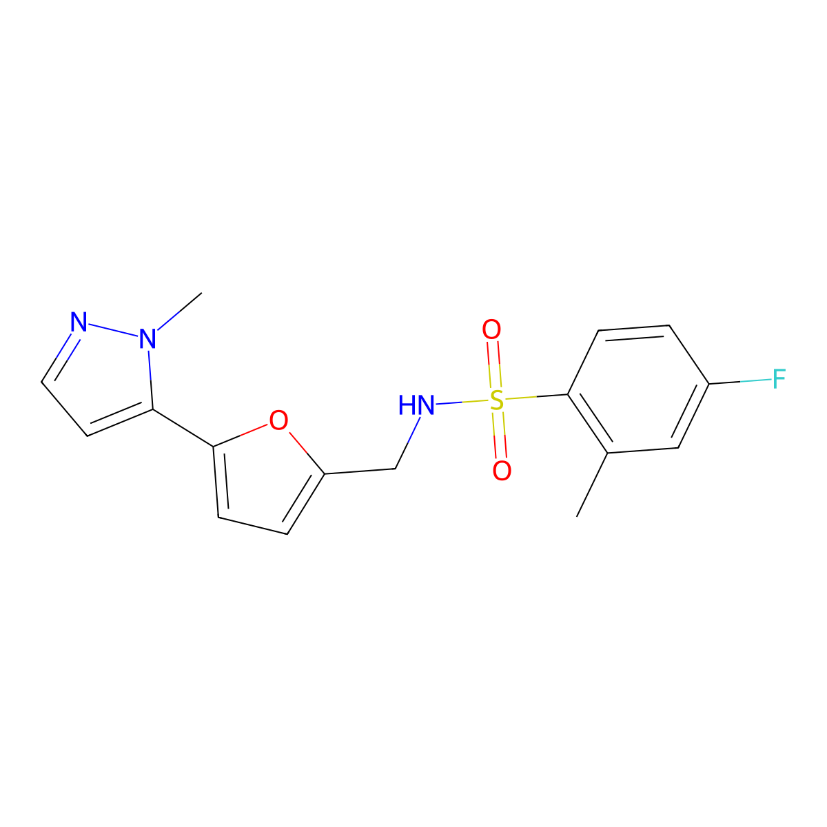 4-fluoro-2-methyl-N-{[5-(1-methyl-1H-pyrazol-5-yl)furan-2-yl]methyl}benzene-1-sulfonamide molecular structure, CAS 2415582-40-8