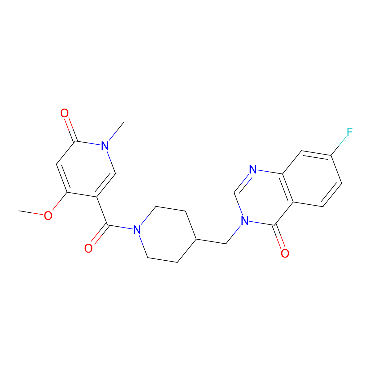 7-Fluoro-3-{[1-(4-methoxy-1-methyl-6-oxo-1,6-dihydropyridine-3-carbonyl)piperidin-4-yl]methyl}-3,4-dihydroquinazolin-4-one molecular structure, CAS 2415582-42-0