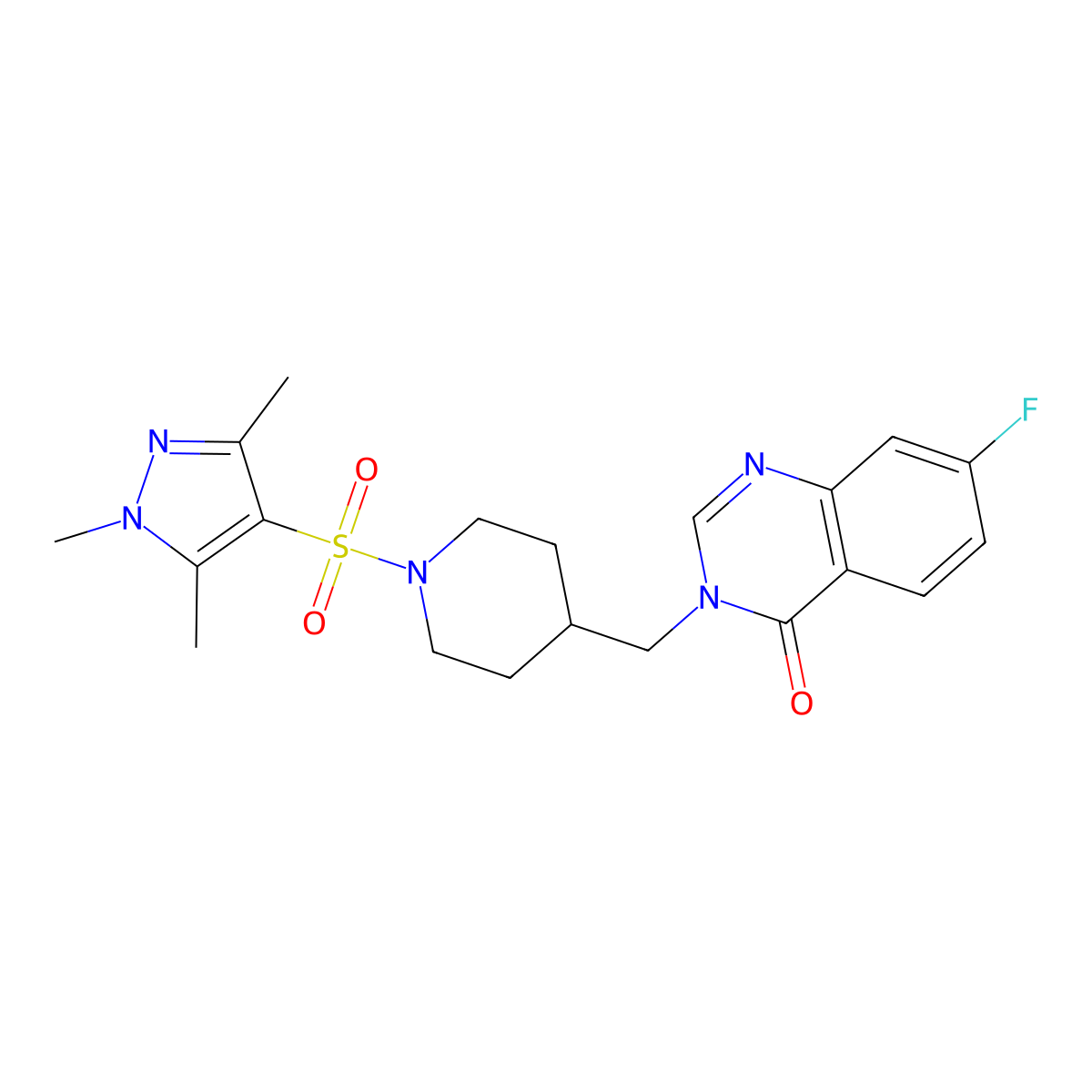 7-fluoro-3-({1-[(1,3,5-trimethyl-1H-pyrazol-4-yl)sulfonyl]piperidin-4-yl}methyl)-3,4-dihydroquinazolin-4-one molecular structure, CAS 2415582-43-1