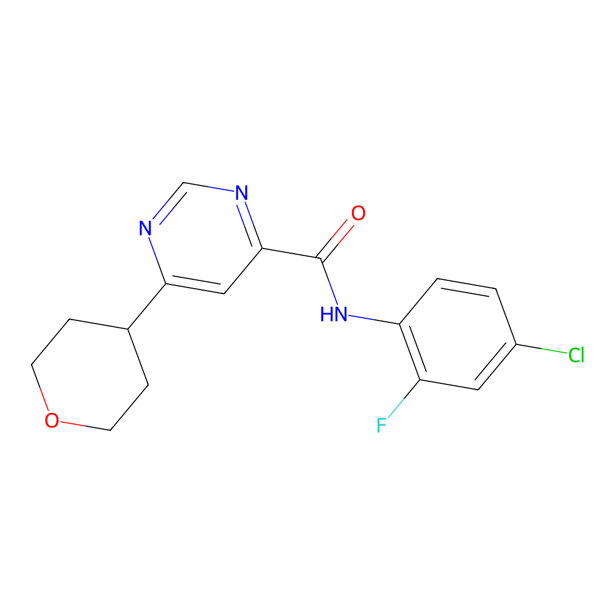 N-(4-Chloro-2-fluorophenyl)-6-(oxan-4-yl)pyrimidine-4-carboxamide molecular structure, CAS 2415582-44-2