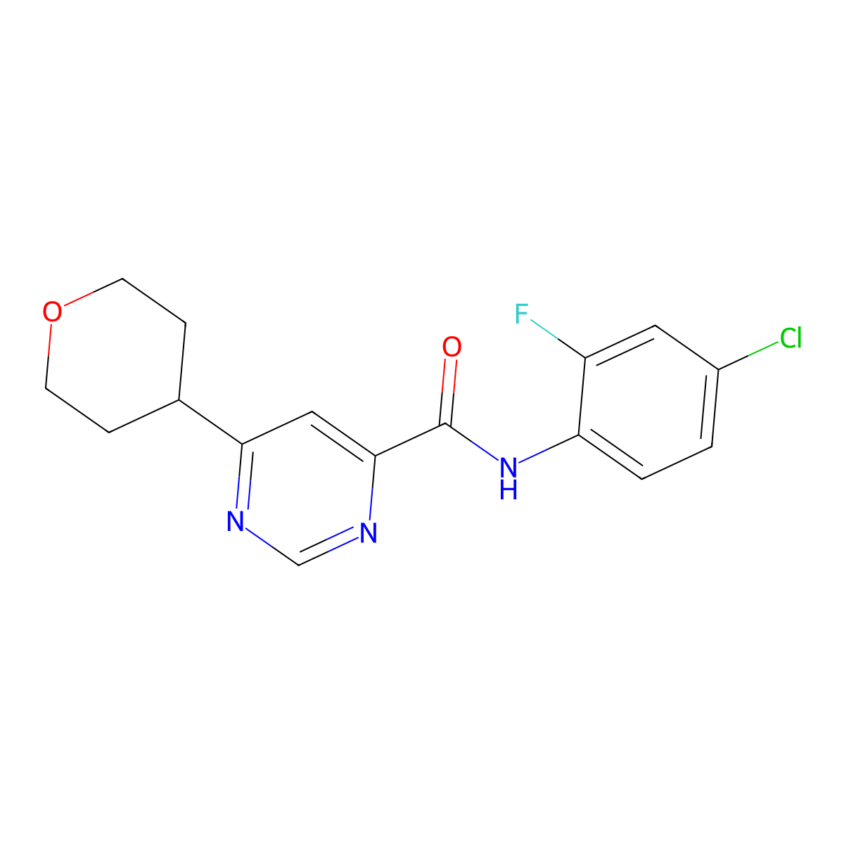 N-(4-Chloro-2-fluorophenyl)-6-(oxan-4-yl)pyrimidine-4-carboxamide molecular structure, CAS 2415582-44-2