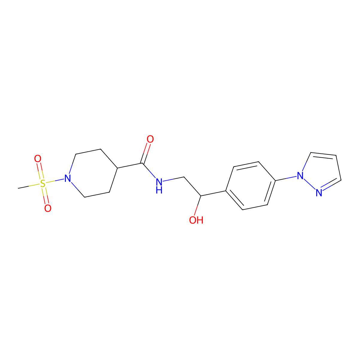 N-{2-hydroxy-2-[4-(1H-pyrazol-1-yl)phenyl]ethyl}-1-methanesulfonylpiperidine-4-carboxamide molecular structure, CAS 2415582-57-7