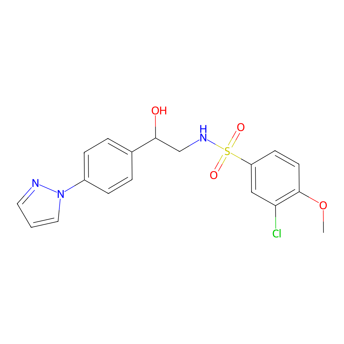 3-chloro-N-{2-hydroxy-2-[4-(1H-pyrazol-1-yl)phenyl]ethyl}-4-methoxybenzene-1-sulfonamide molecular structure, CAS 2415582-59-9