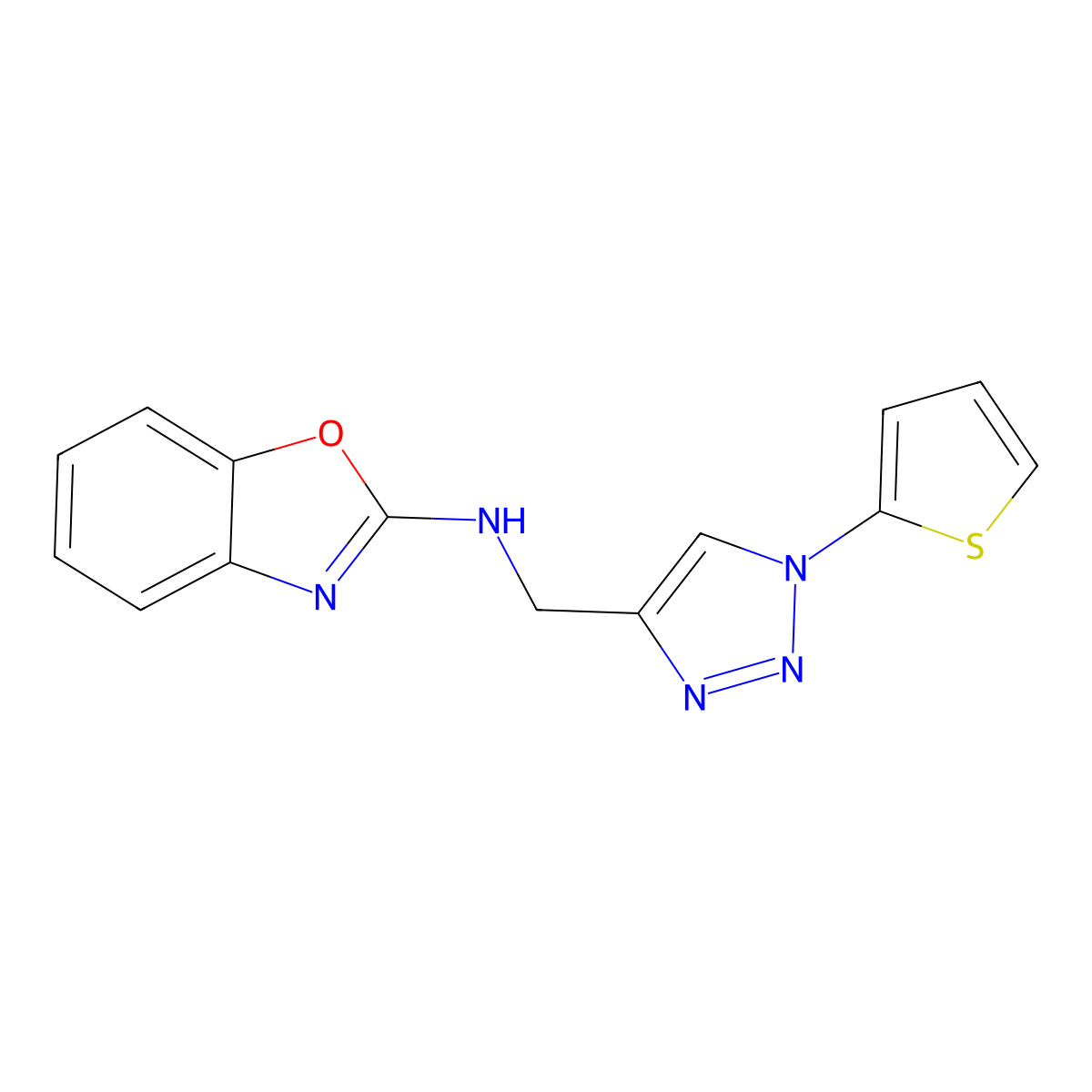 N-{[1-(thiophen-2-yl)-1H-1,2,3-triazol-4-yl]methyl}-1,3-benzoxazol-2-amine molecular structure, CAS 2415582-60-2