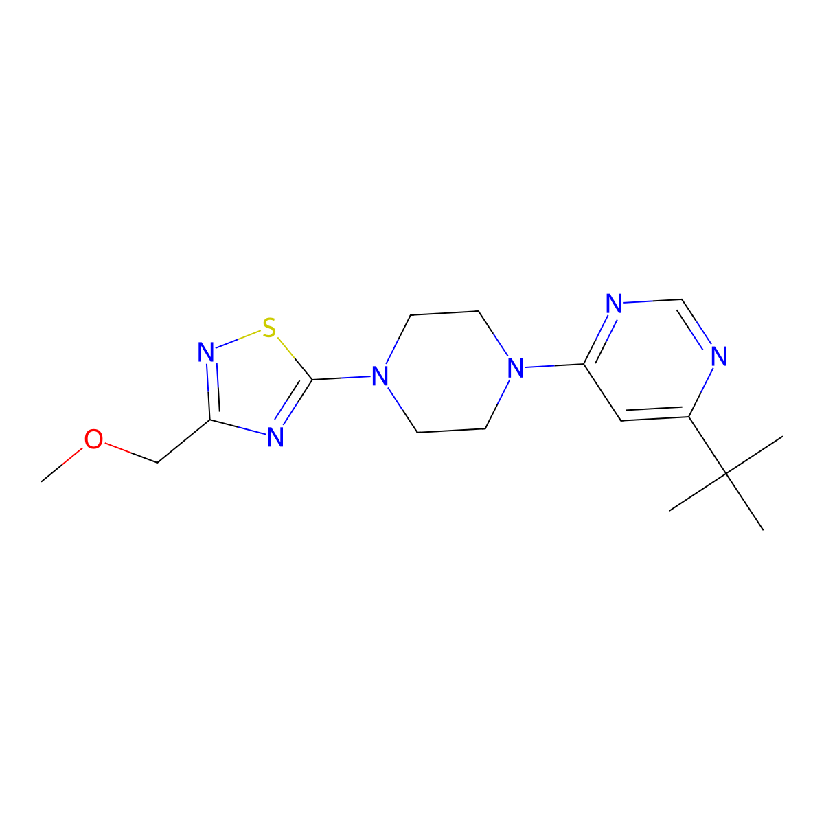 4-Tert-butyl-6-{4-[3-(methoxymethyl)-1,2,4-thiadiazol-5-yl]piperazin-1-yl}pyrimidine molecular structure, CAS 2415582-69-1