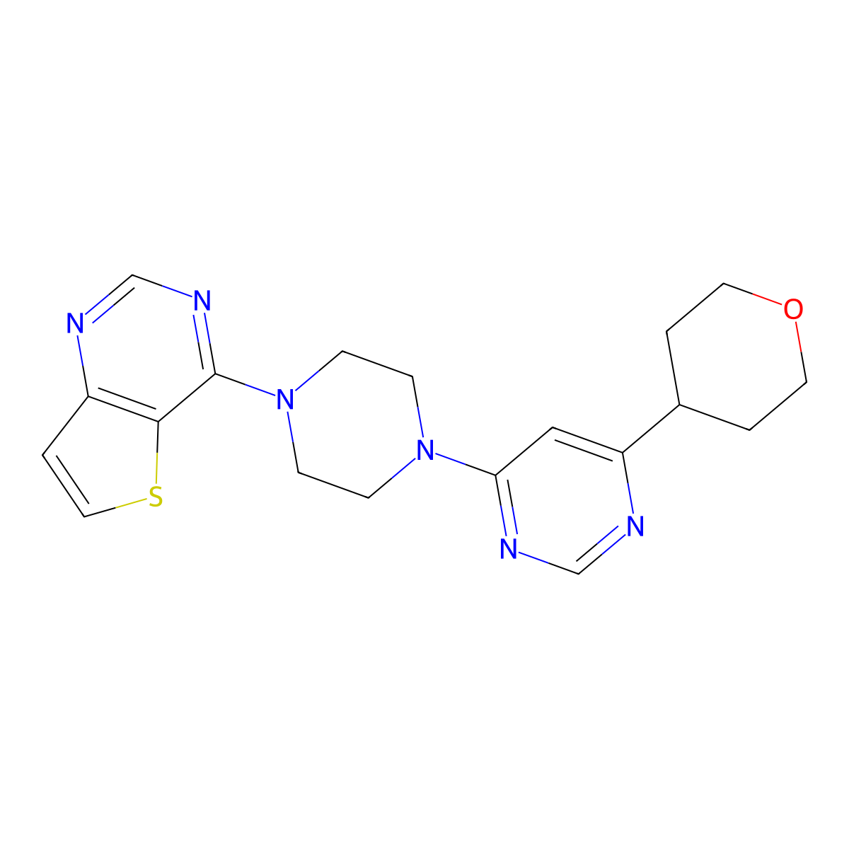 4-(Oxan-4-yl)-6-(4-{thieno[3,2-d]pyrimidin-4-yl}piperazin-1-yl)pyrimidine molecular structure, CAS 2415582-70-4