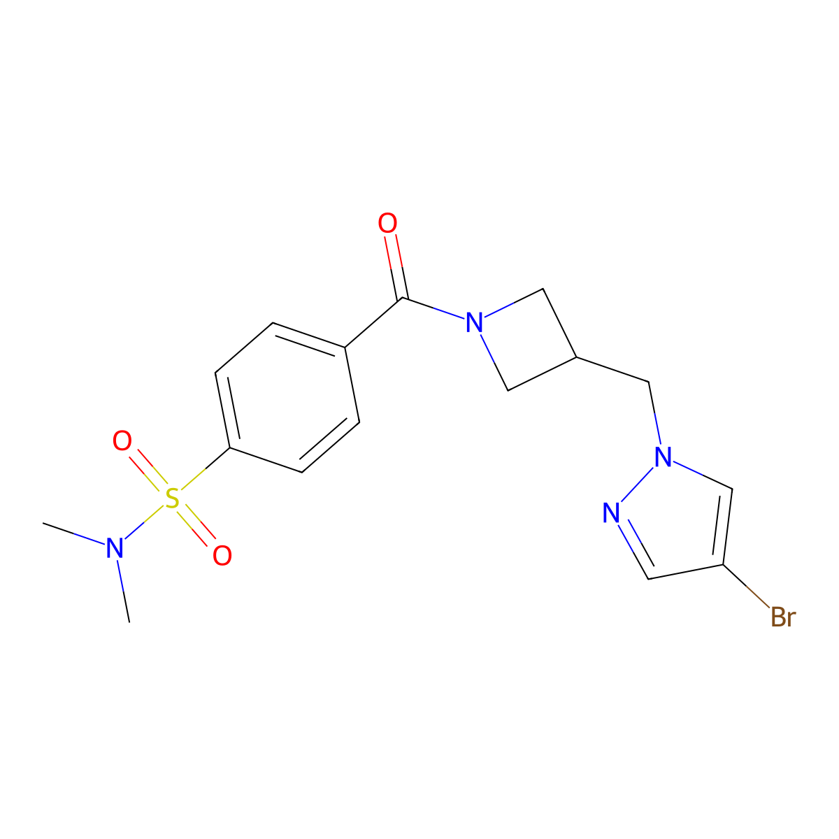4-{3-[(4-bromo-1H-pyrazol-1-yl)methyl]azetidine-1-carbonyl}-N,N-dimethylbenzene-1-sulfonamide molecular structure, CAS 2415582-75-9