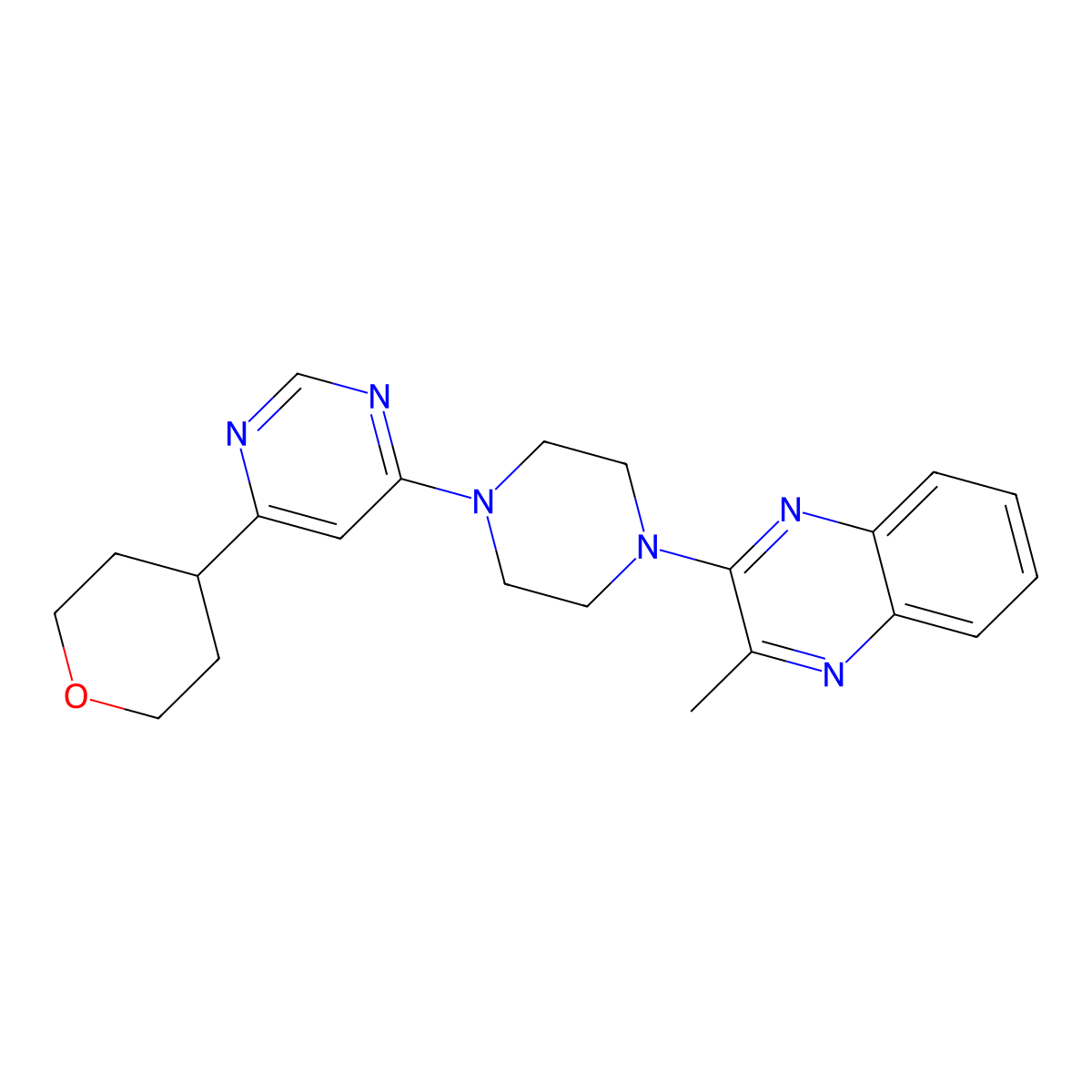 2-Methyl-3-{4-[6-(oxan-4-yl)pyrimidin-4-yl]piperazin-1-yl}quinoxaline molecular structure, CAS 2415582-88-4