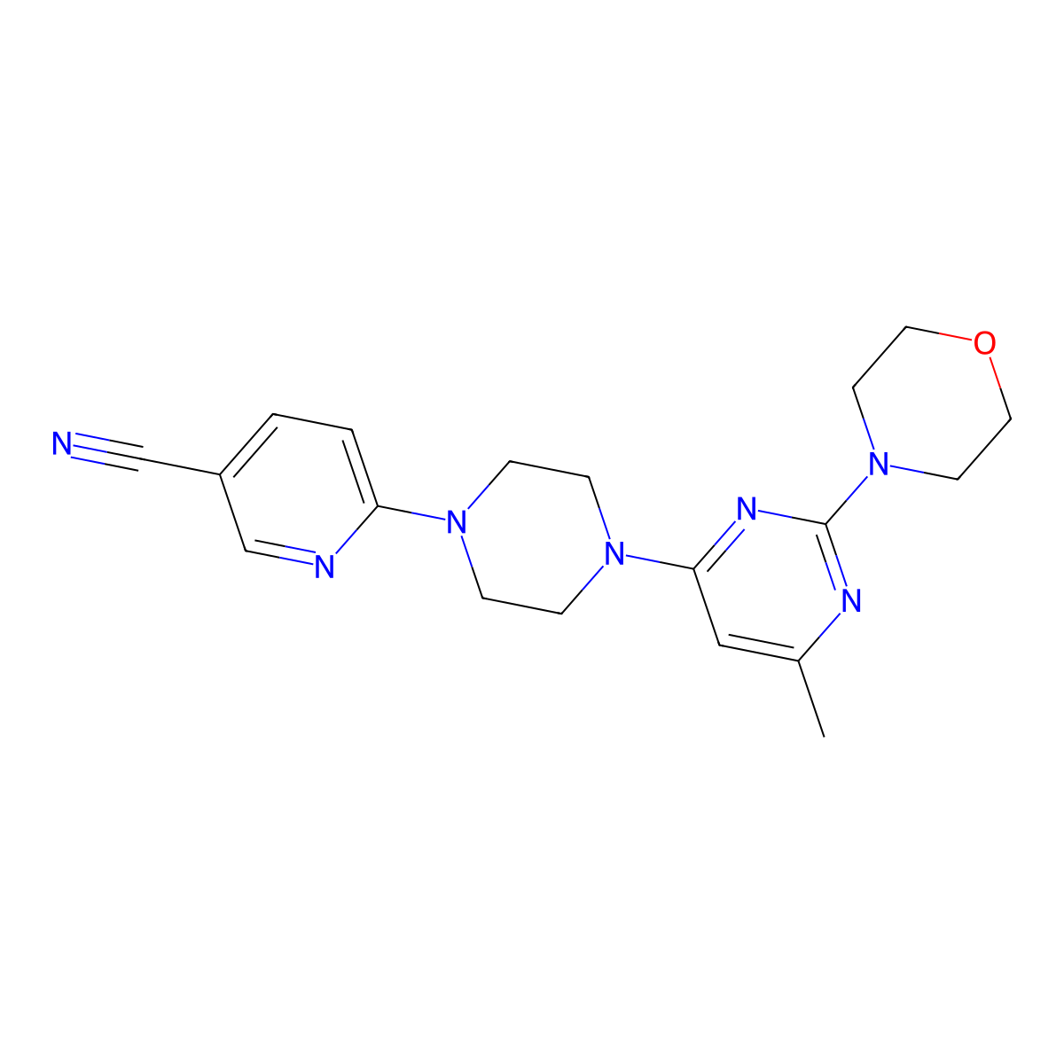 6-{4-[6-Methyl-2-(morpholin-4-yl)pyrimidin-4-yl]piperazin-1-yl}pyridine-3-carbonitrile molecular structure, CAS 2415582-92-0