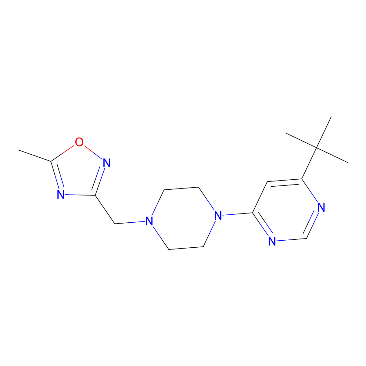 4-Tert-butyl-6-{4-[(5-methyl-1,2,4-oxadiazol-3-yl)methyl]piperazin-1-yl}pyrimidine molecular structure, CAS 2415582-94-2
