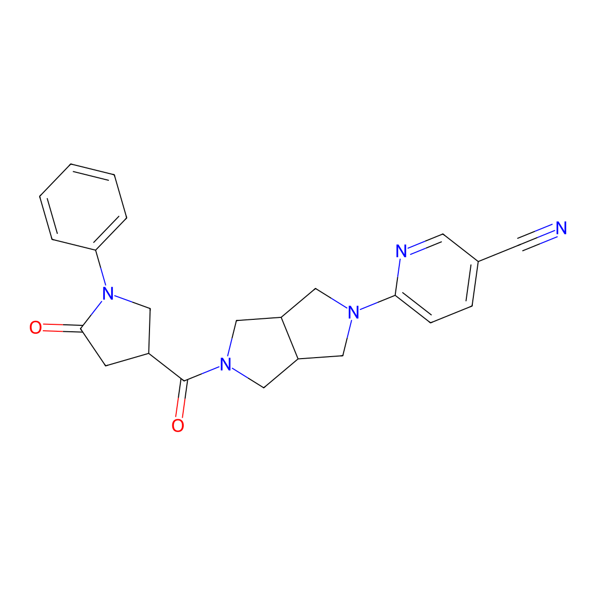 6-[5-(5-Oxo-1-phenylpyrrolidine-3-carbonyl)-octahydropyrrolo[3,4-c]pyrrol-2-yl]pyridine-3-carbonitrile molecular structure, CAS 2415582-96-4