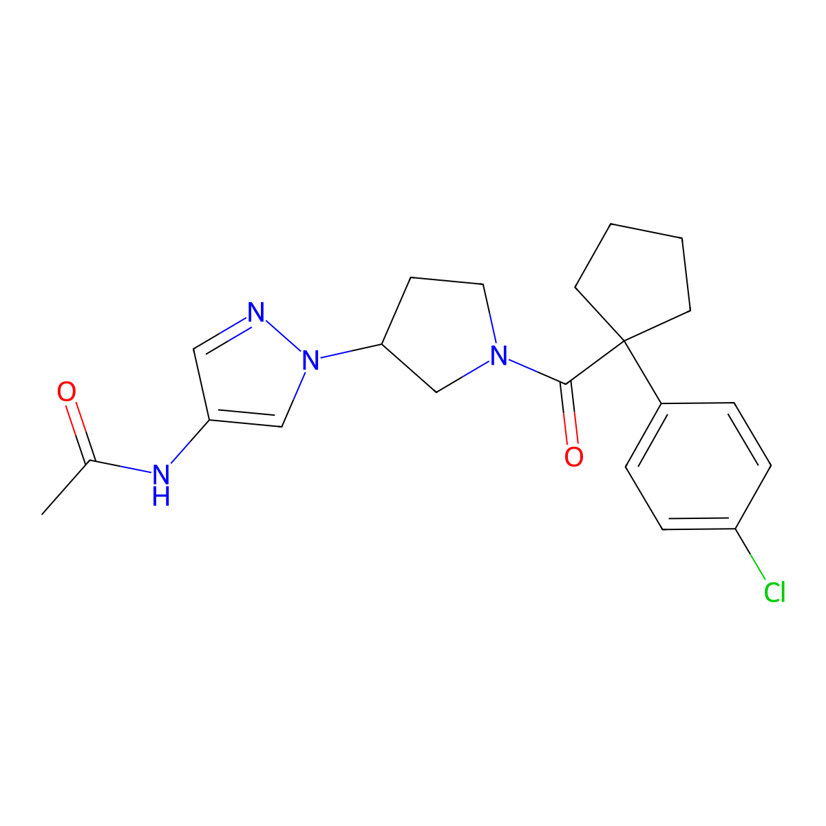 N-(1-{1-[1-(4-chlorophenyl)cyclopentanecarbonyl]pyrrolidin-3-yl}-1H-pyrazol-4-yl)acetamide molecular structure, CAS 2415583-06-9