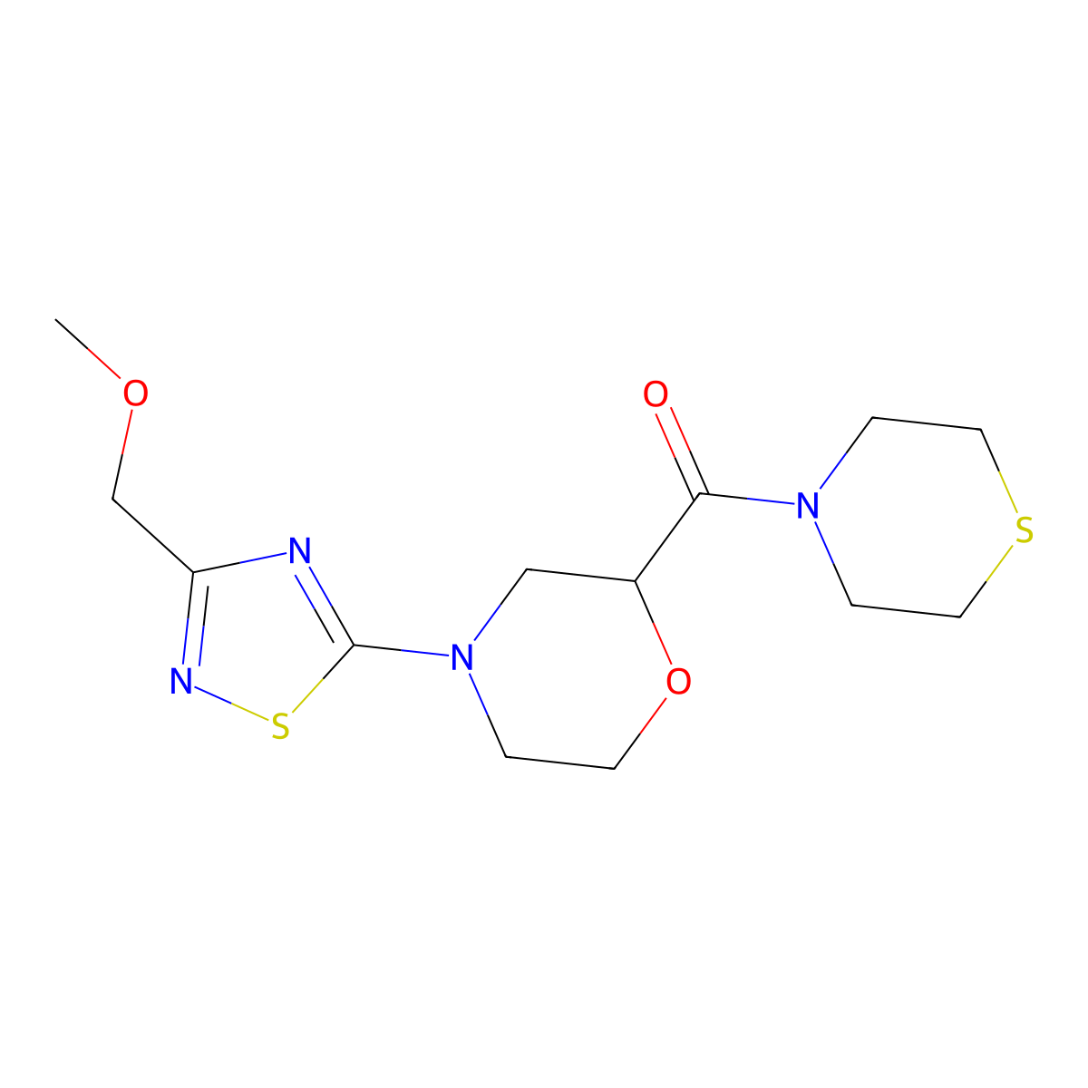 4-[3-(Methoxymethyl)-1,2,4-thiadiazol-5-yl]-2-(thiomorpholine-4-carbonyl)morpholine molecular structure, CAS 2415583-09-2