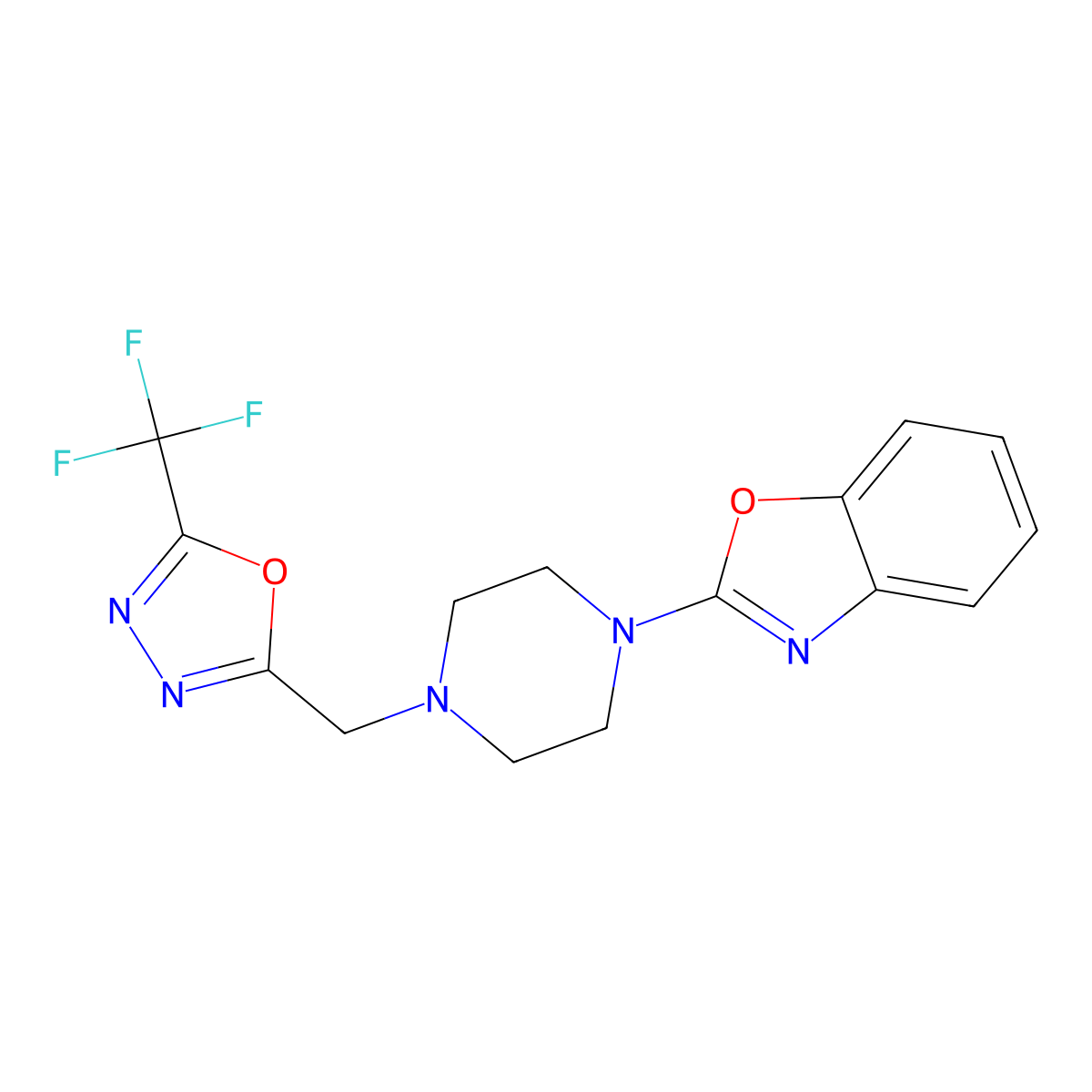 2-(4-{[5-(Trifluoromethyl)-1,3,4-oxadiazol-2-yl]methyl}piperazin-1-yl)-1,3-benzoxazole molecular structure, CAS 2415583-11-6