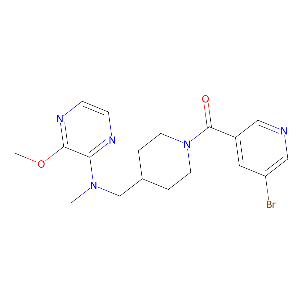 N-{[1-(5-bromopyridine-3-carbonyl)piperidin-4-yl]methyl}-3-methoxy-N-methylpyrazin-2-amine molecular structure, CAS 2415583-20-7