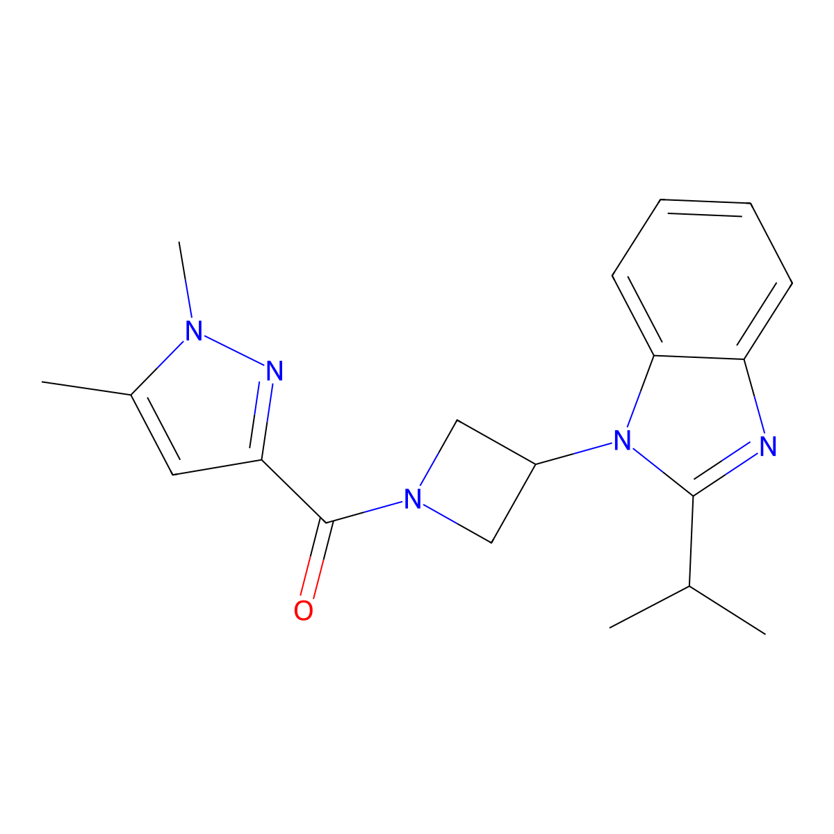 1-[1-(1,5-dimethyl-1H-pyrazole-3-carbonyl)azetidin-3-yl]-2-(propan-2-yl)-1H-1,3-benzodiazole molecular structure, CAS 2415583-26-3