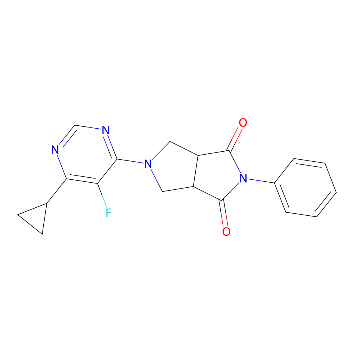 5-(6-Cyclopropyl-5-fluoropyrimidin-4-yl)-2-phenyl-octahydropyrrolo[3,4-c]pyrrole-1,3-dione molecular structure, CAS 2415583-28-5