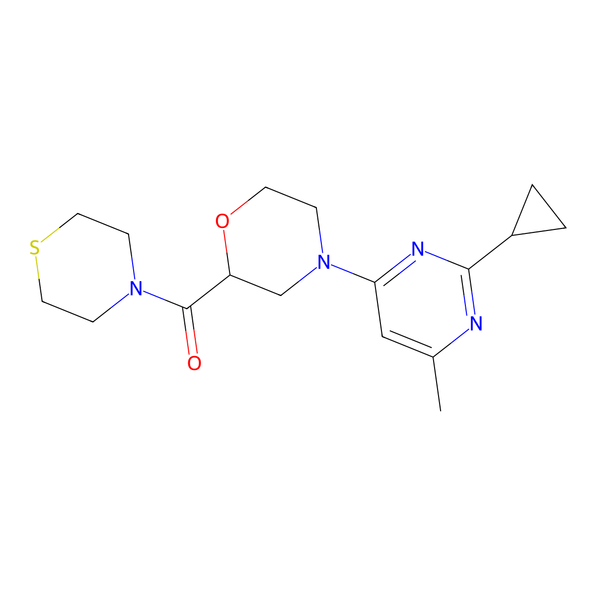 4-(2-Cyclopropyl-6-methylpyrimidin-4-yl)-2-(thiomorpholine-4-carbonyl)morpholine molecular structure, CAS 2415583-29-6