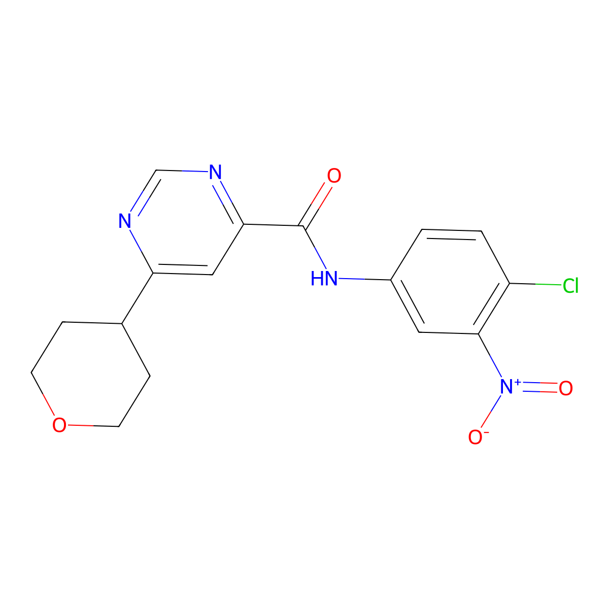 N-(4-Chloro-3-nitrophenyl)-6-(oxan-4-yl)pyrimidine-4-carboxamide molecular structure, CAS 2415583-31-0