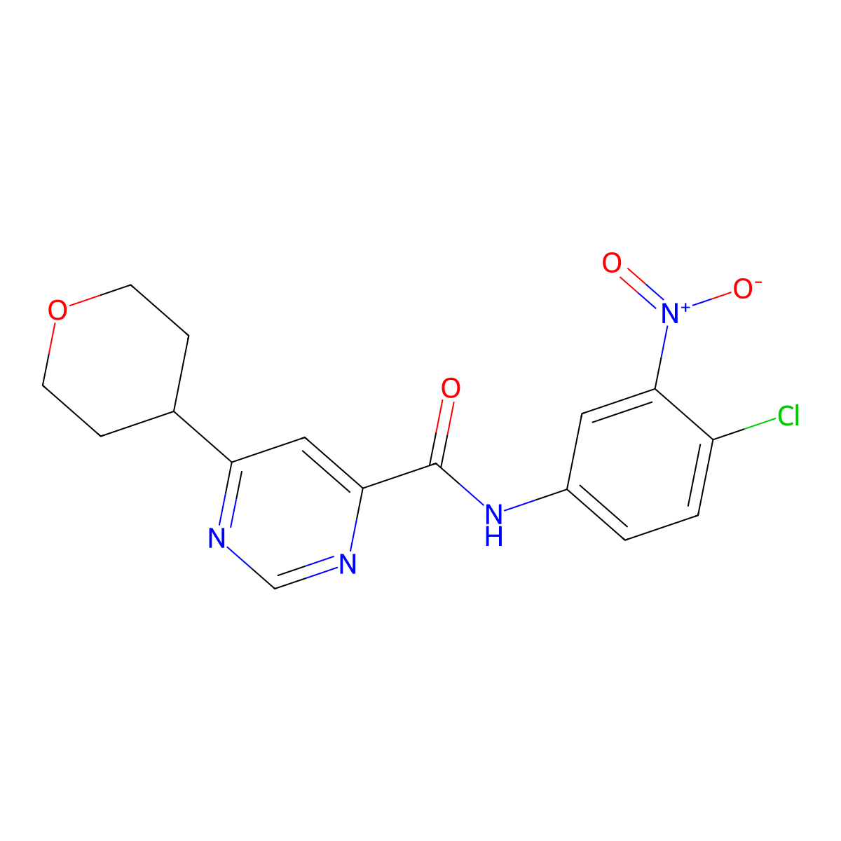 N-(4-Chloro-3-nitrophenyl)-6-(oxan-4-yl)pyrimidine-4-carboxamide molecular structure, CAS 2415583-31-0