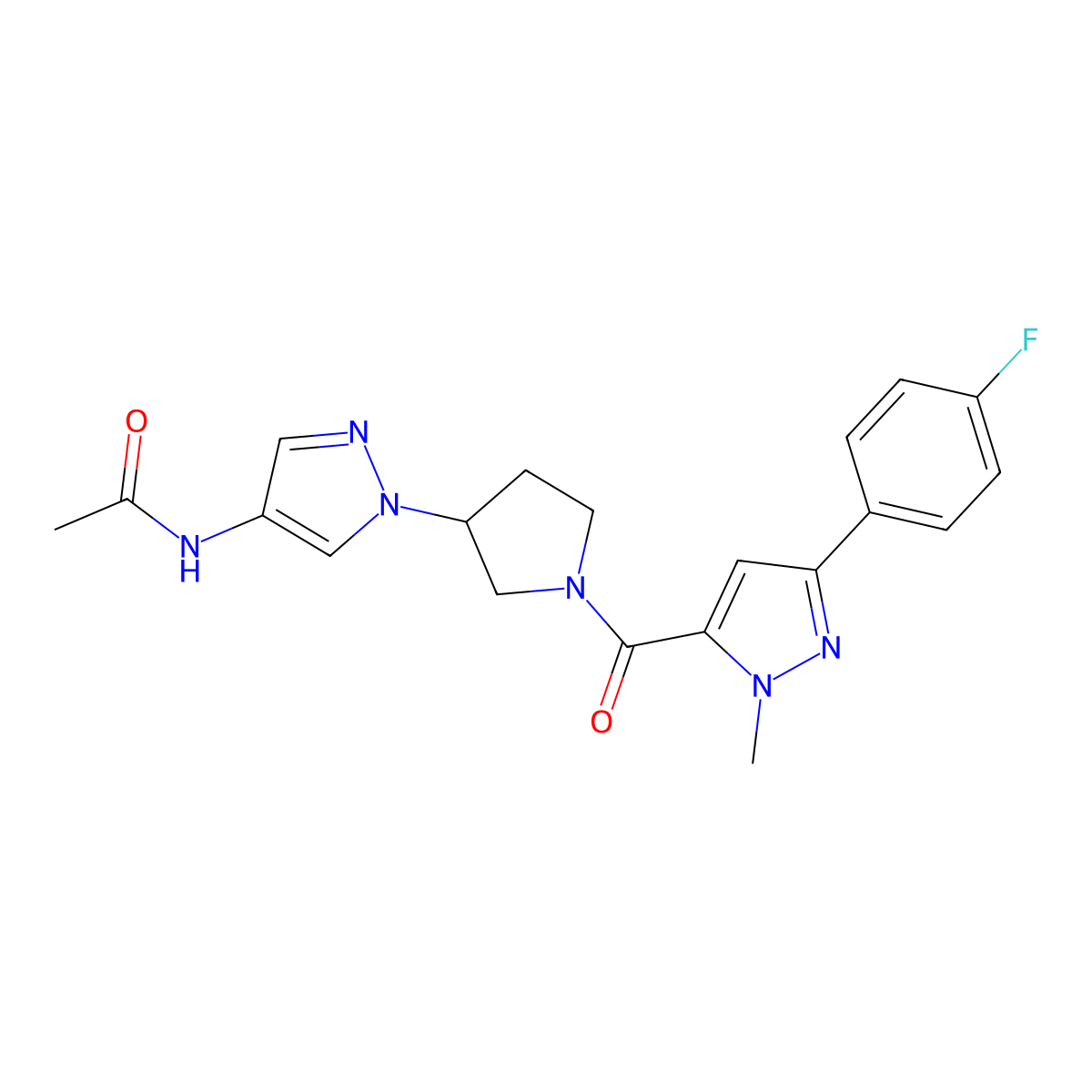 N-(1-{1-[3-(4-fluorophenyl)-1-methyl-1H-pyrazole-5-carbonyl]pyrrolidin-3-yl}-1H-pyrazol-4-yl)acetamide molecular structure, CAS 2415583-54-7