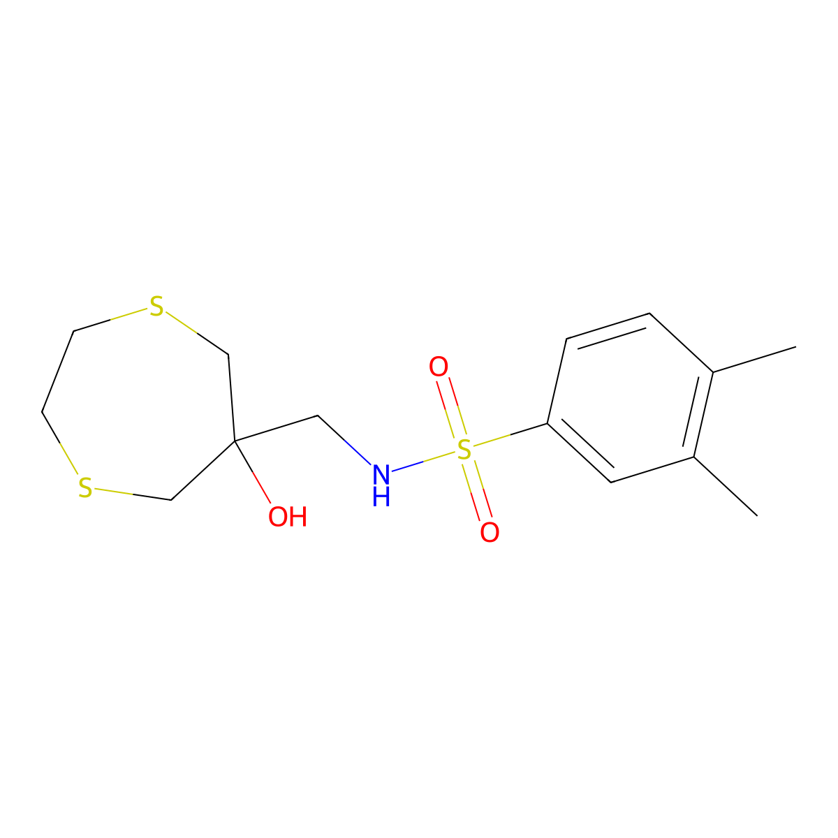 N-[(6-hydroxy-1,4-dithiepan-6-yl)methyl]-3,4-dimethylbenzene-1-sulfonamide molecular structure, CAS 2415583-55-8