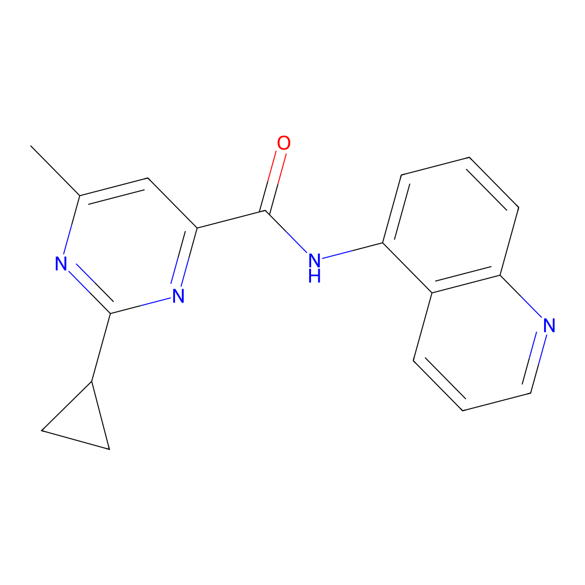 2-cyclopropyl-6-methyl-N-(quinolin-5-yl)pyrimidine-4-carboxamide molecular structure, CAS 2415583-89-8