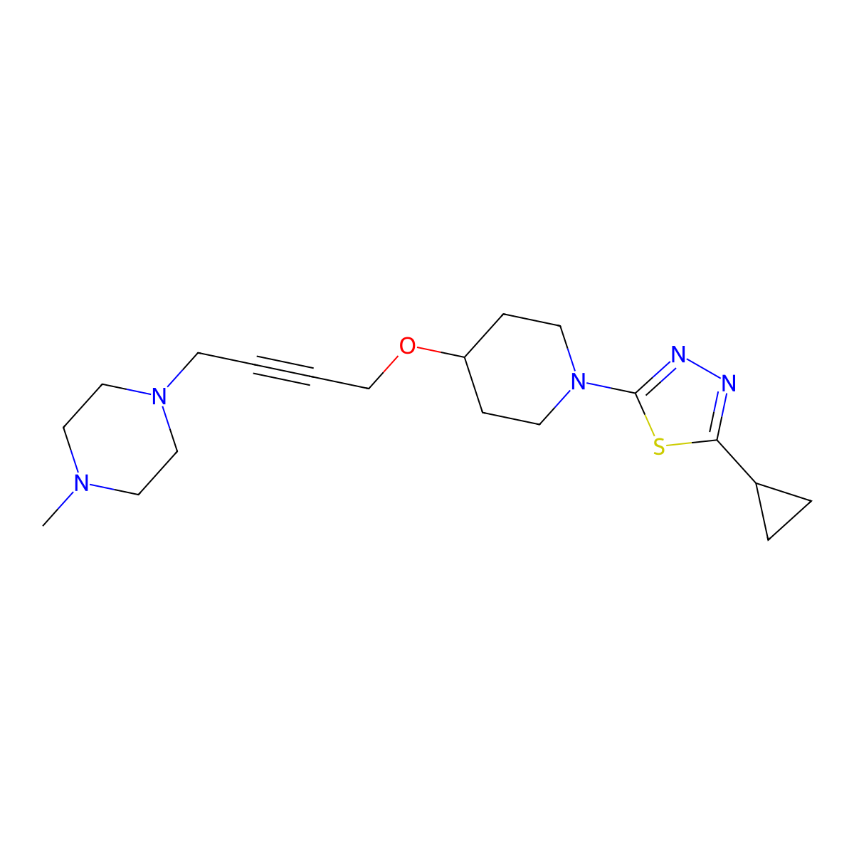 1-(4-{[1-(5-Cyclopropyl-1,3,4-thiadiazol-2-yl)piperidin-4-yl]oxy}but-2-yn-1-yl)-4-methylpiperazine molecular structure, CAS 2415583-97-8
