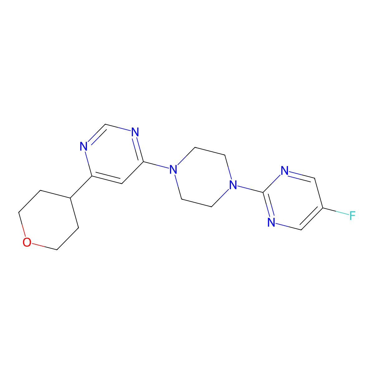 4-[4-(5-Fluoropyrimidin-2-yl)piperazin-1-yl]-6-(oxan-4-yl)pyrimidine molecular structure, CAS 2415584-07-3