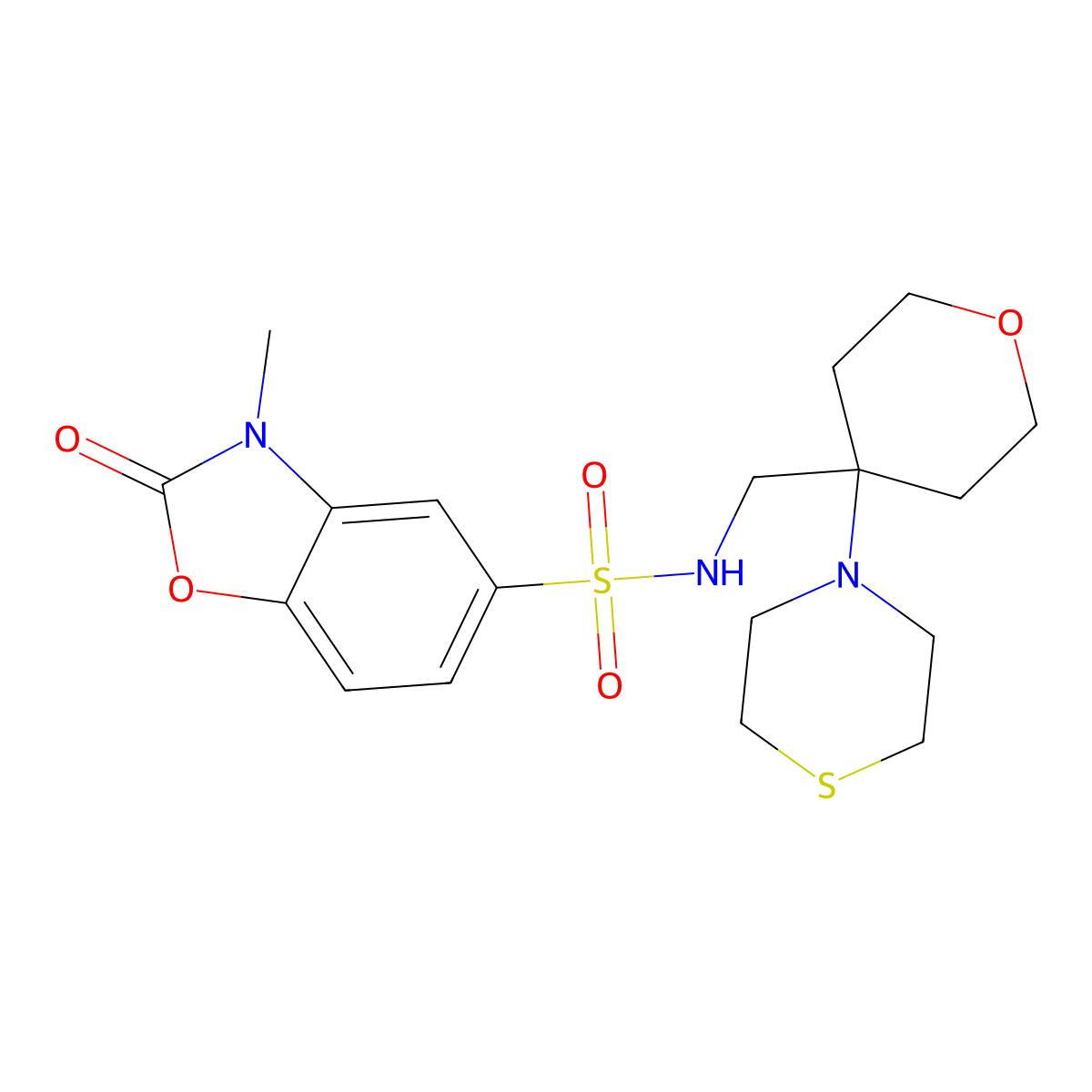 3-methyl-2-oxo-N-{[4-(thiomorpholin-4-yl)oxan-4-yl]methyl}-2,3-dihydro-1,3-benzoxazole-5-sulfonamide molecular structure, CAS 2415584-09-5