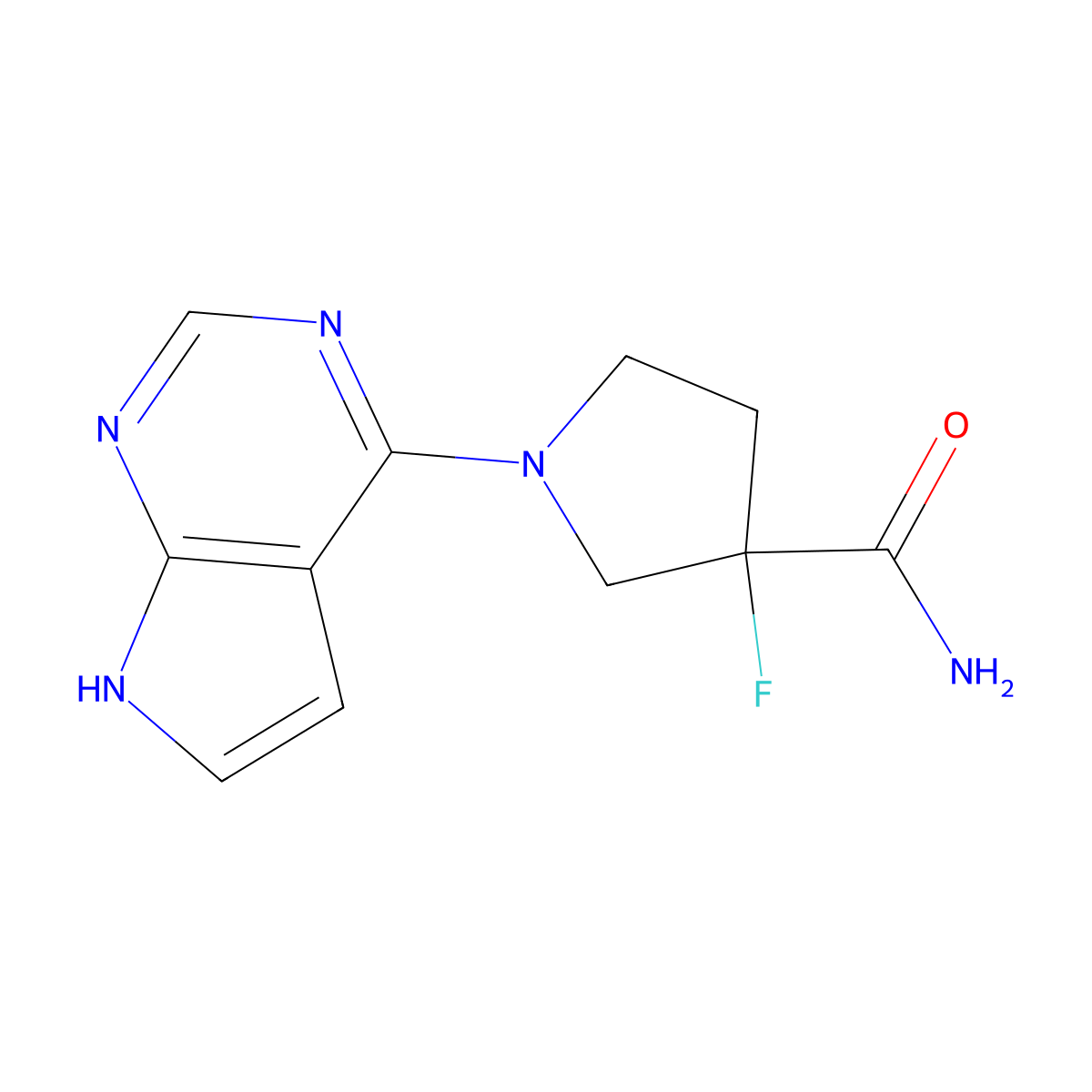 3-fluoro-1-{7H-pyrrolo[2,3-d]pyrimidin-4-yl}pyrrolidine-3-carboxamide molecular structure, CAS 2415584-16-4
